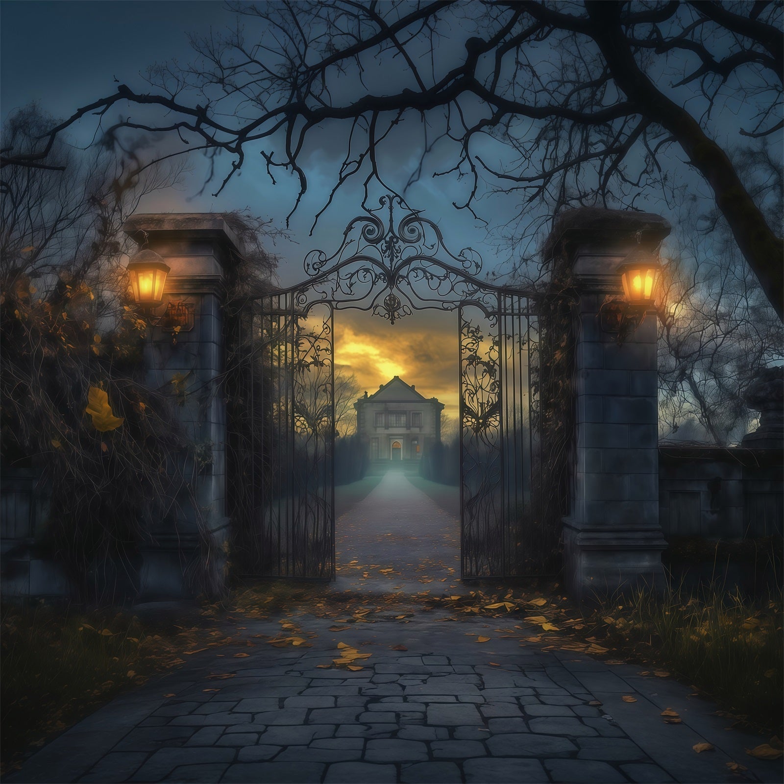 Halloween House Backdrop Foggy Mansion Iron Gate Halloween Cemetery Backdrop UK RR67-77