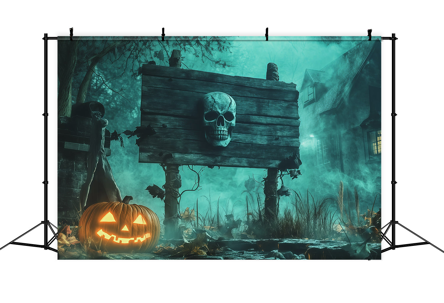 Scary Halloween Backdrop Ideas Skull Sign Pumpkin Fog Halloween Photoshoot Backdrop UK RR67-78