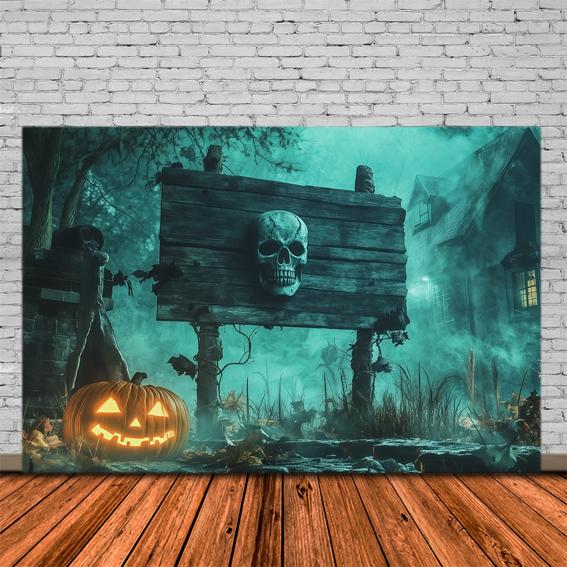Scary Halloween Backdrop Ideas Skull Sign Pumpkin Fog Halloween Photoshoot Backdrop UK RR67-78