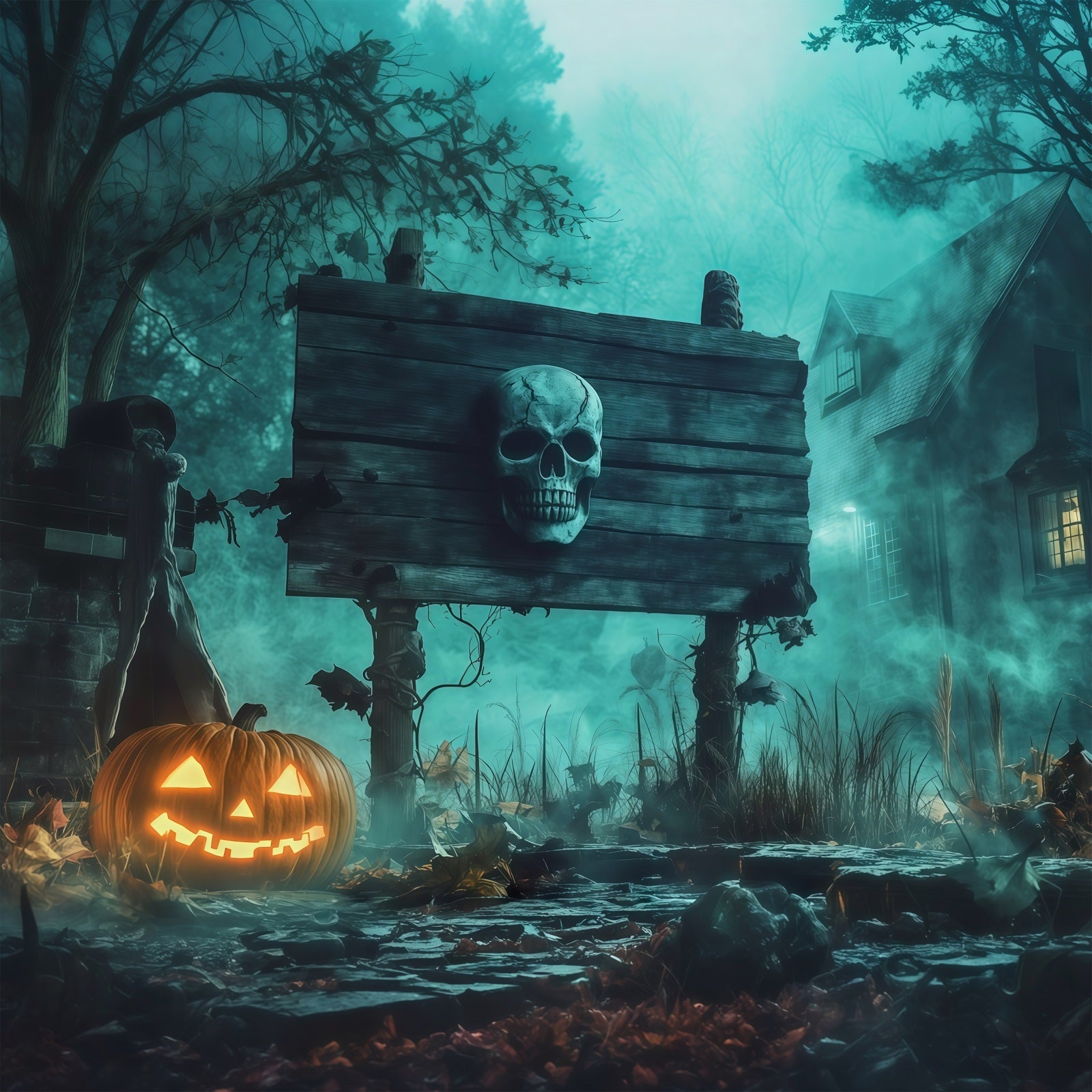 Scary Halloween Backdrop Ideas Skull Sign Pumpkin Fog Halloween Photoshoot Backdrop UK RR67-78