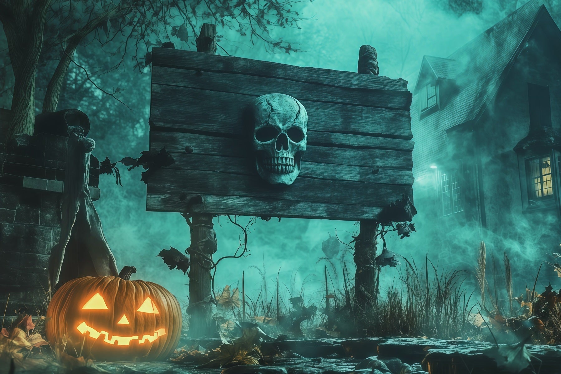 Scary Halloween Backdrop Ideas Skull Sign Pumpkin Fog Halloween Photoshoot Backdrop UK RR67-78