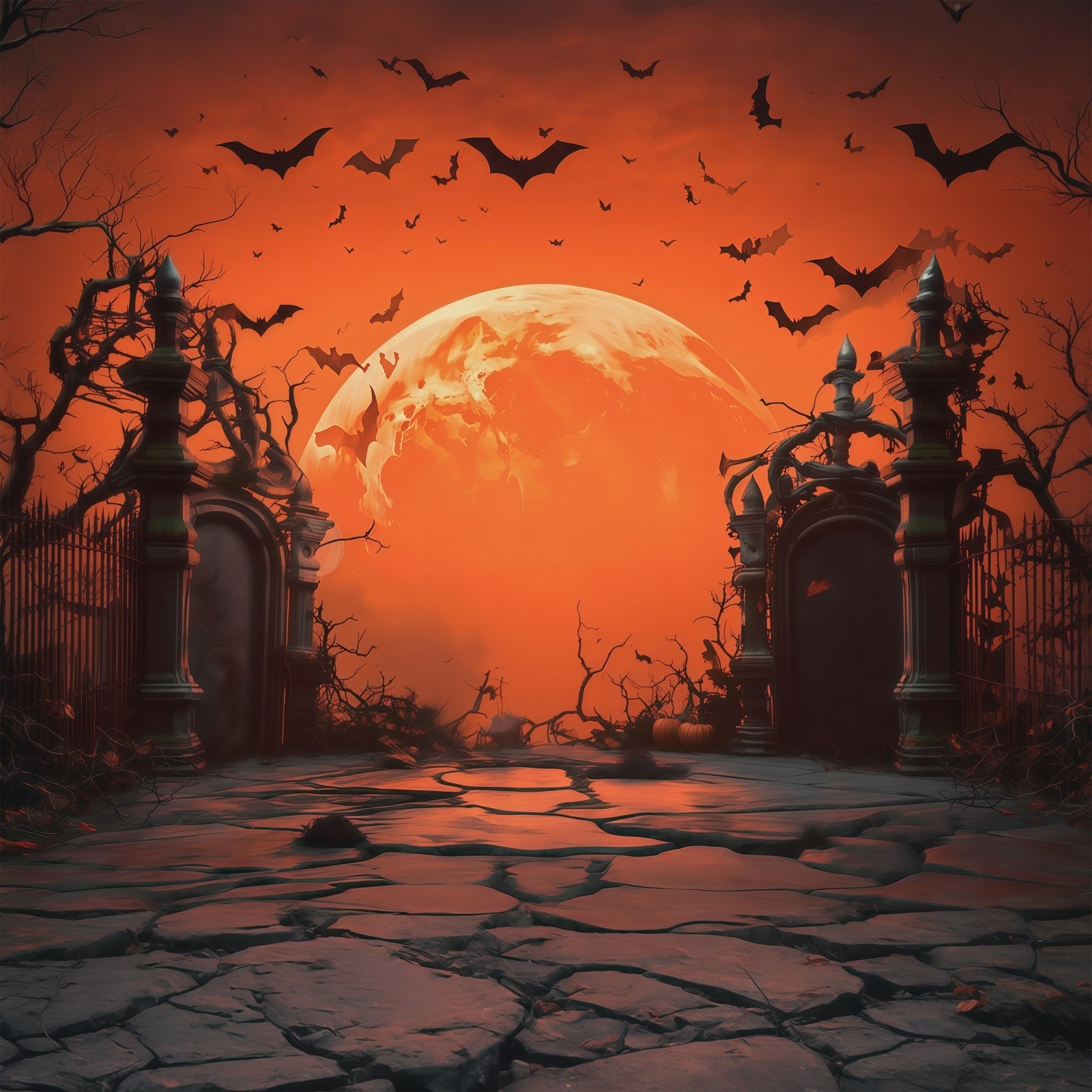 Halloween Moon Backdrop Orange Moon Cemetery Gate Halloween Photo Backdrops UK RR67-8