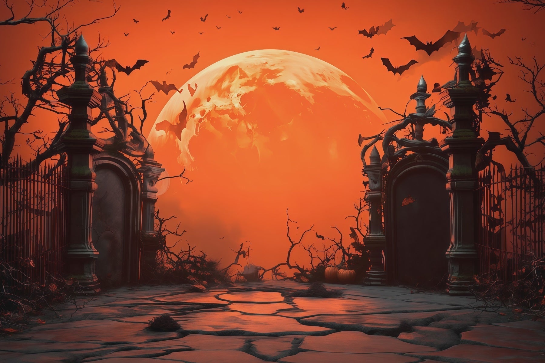 Halloween Moon Backdrop Orange Moon Cemetery Gate Halloween Photo Backdrops UK RR67-8