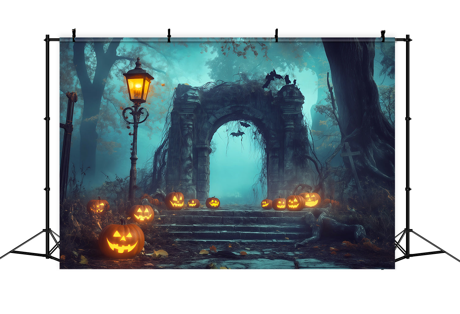 Halloween Forest Backdrop Pumpkin Stone Archway Fog Vintage Halloween Backdrop UK RR67-82