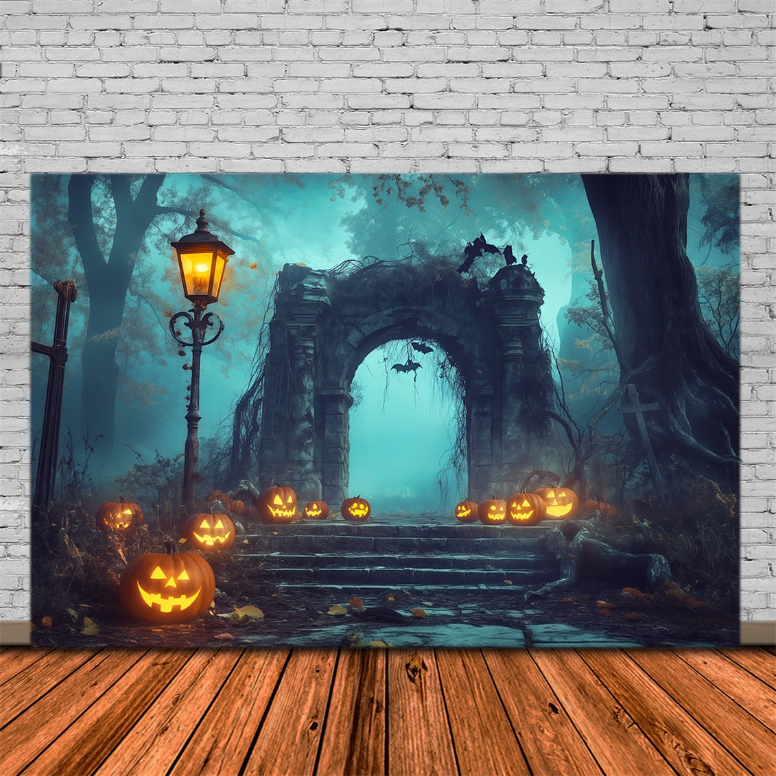 Halloween Forest Backdrop Pumpkin Stone Archway Fog Vintage Halloween Backdrop UK RR67-82