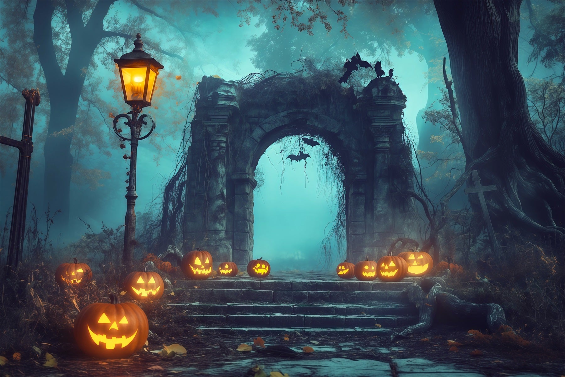 Halloween Forest Backdrop Pumpkin Stone Archway Fog Vintage Halloween Backdrop UK RR67-82