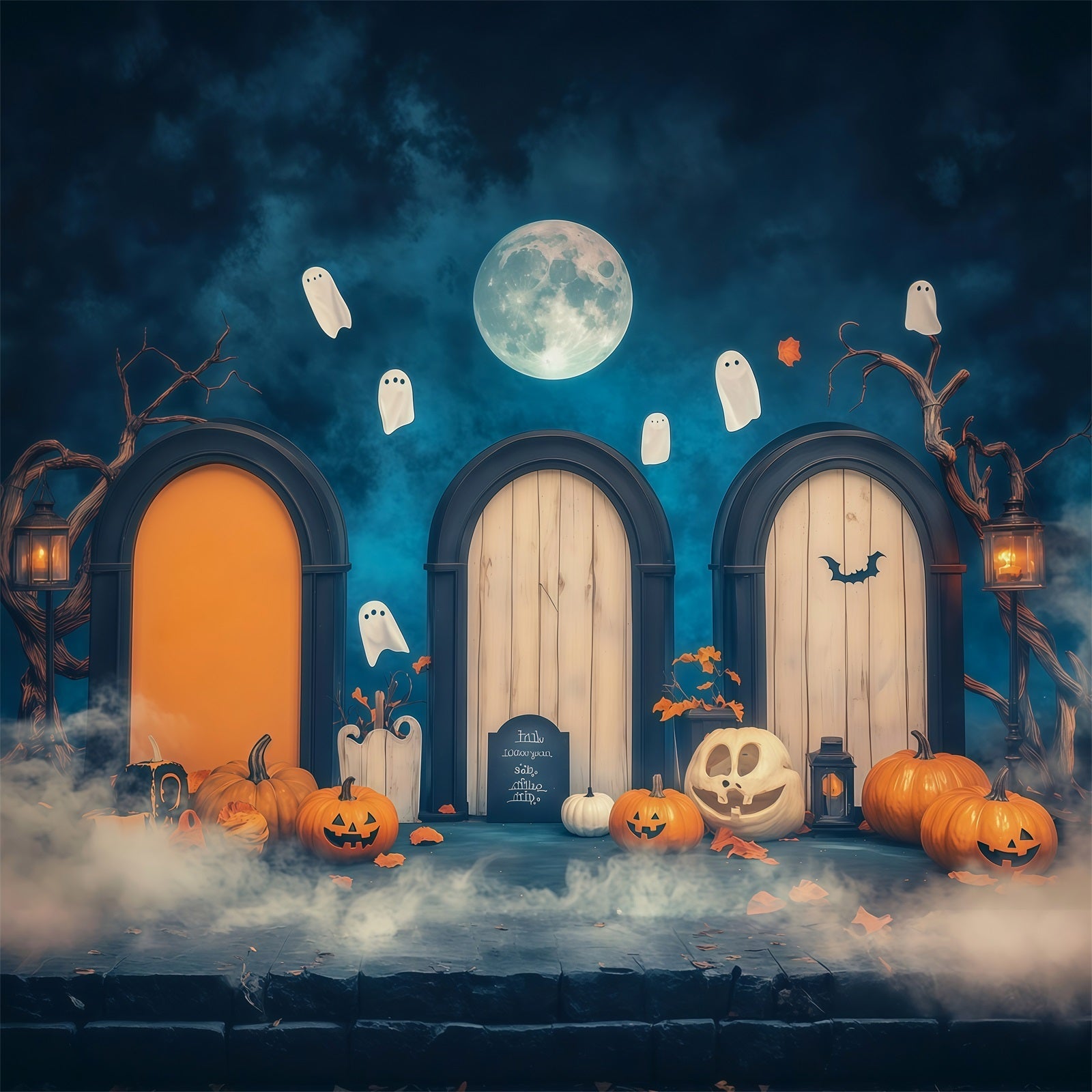 Halloween Arch Backdrop Moonlit Ghost Doorway Pumpkins Large Halloween Backdrops UK RR67-83