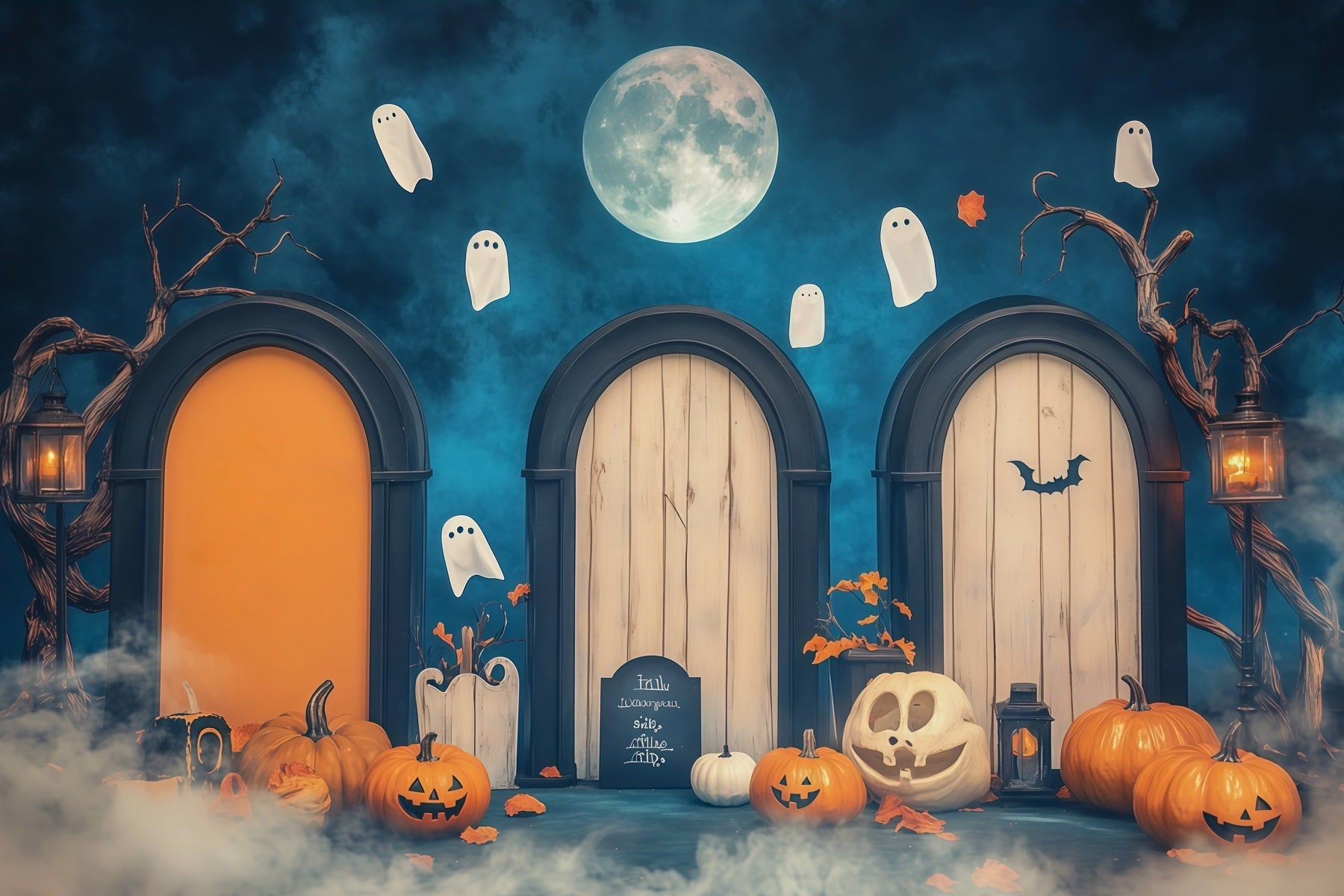 Halloween Arch Backdrop Moonlit Ghost Doorway Pumpkins Large Halloween Backdrops UK RR67-83