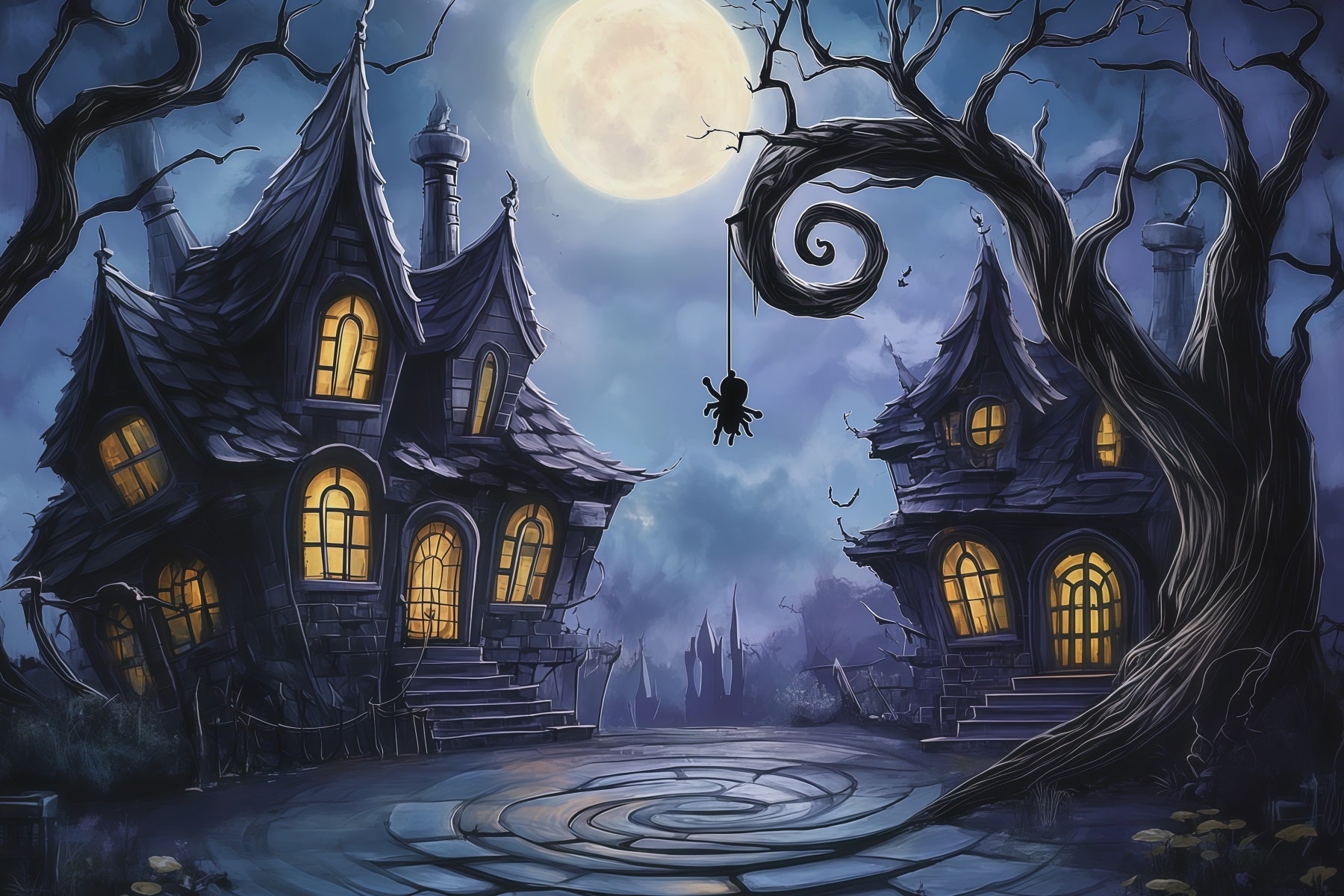 Photography Backdrops Halloween Moonlit Crooked Haunted Houses Halloween Town Backdrop UK RR67-87