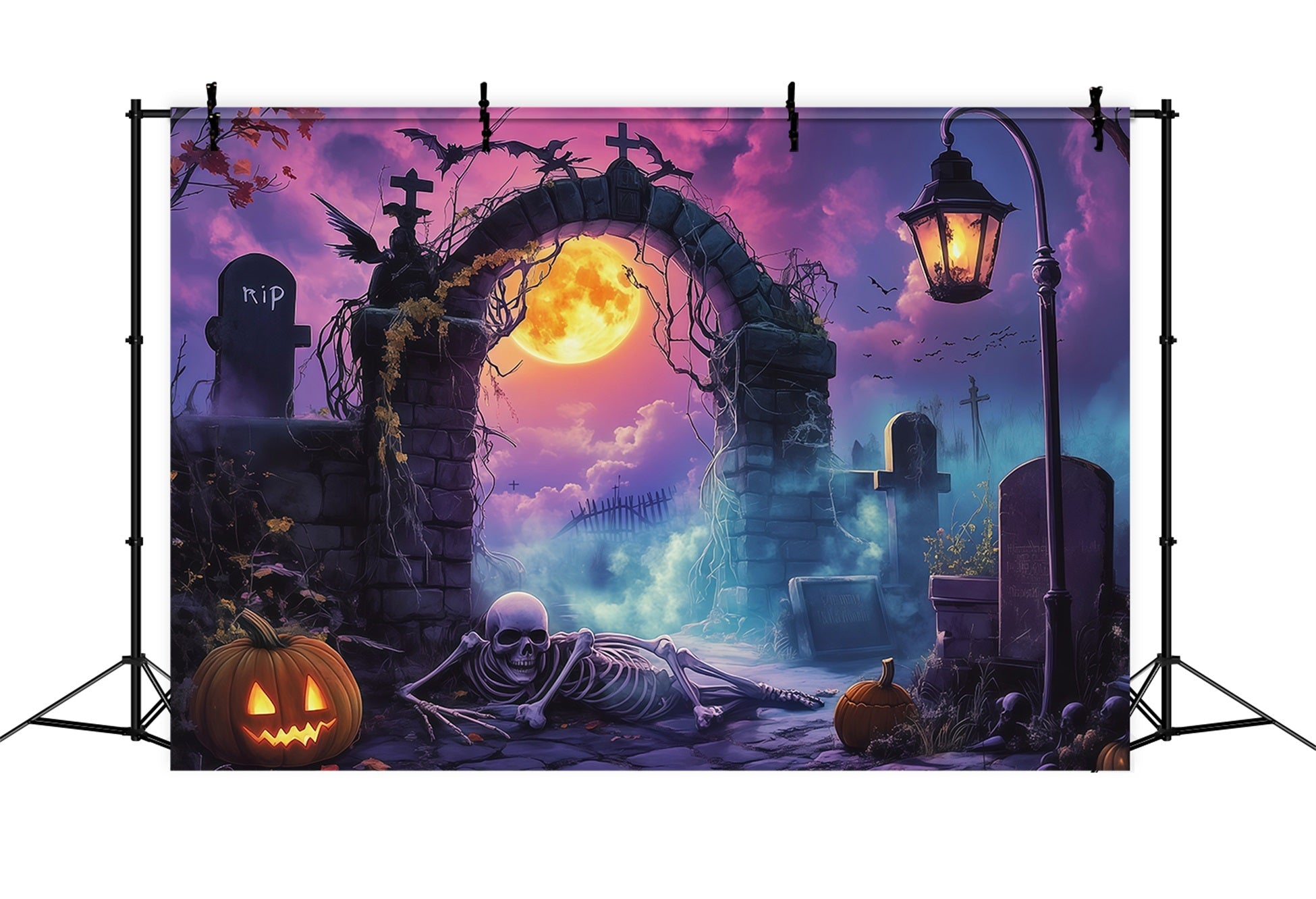Outdoor Halloween Backdrop Moonlit Graveyard Arch Skeleton Spooky Halloween Backdrop UK RR67-9