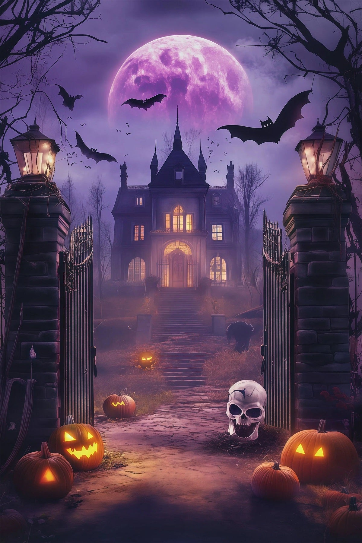 Diy Halloween Photo Booth Backdrop Purple Moon Haunted Gate 10x10 Halloween Backdrop UK RR67-91