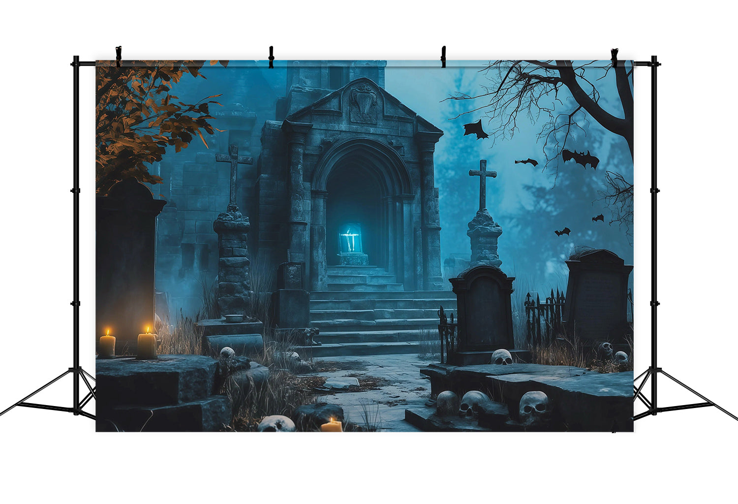 Halloween Cloth Backdrop Blue Crypt Candle Tombs Graveyard Halloween Backdrops UK RR67-93
