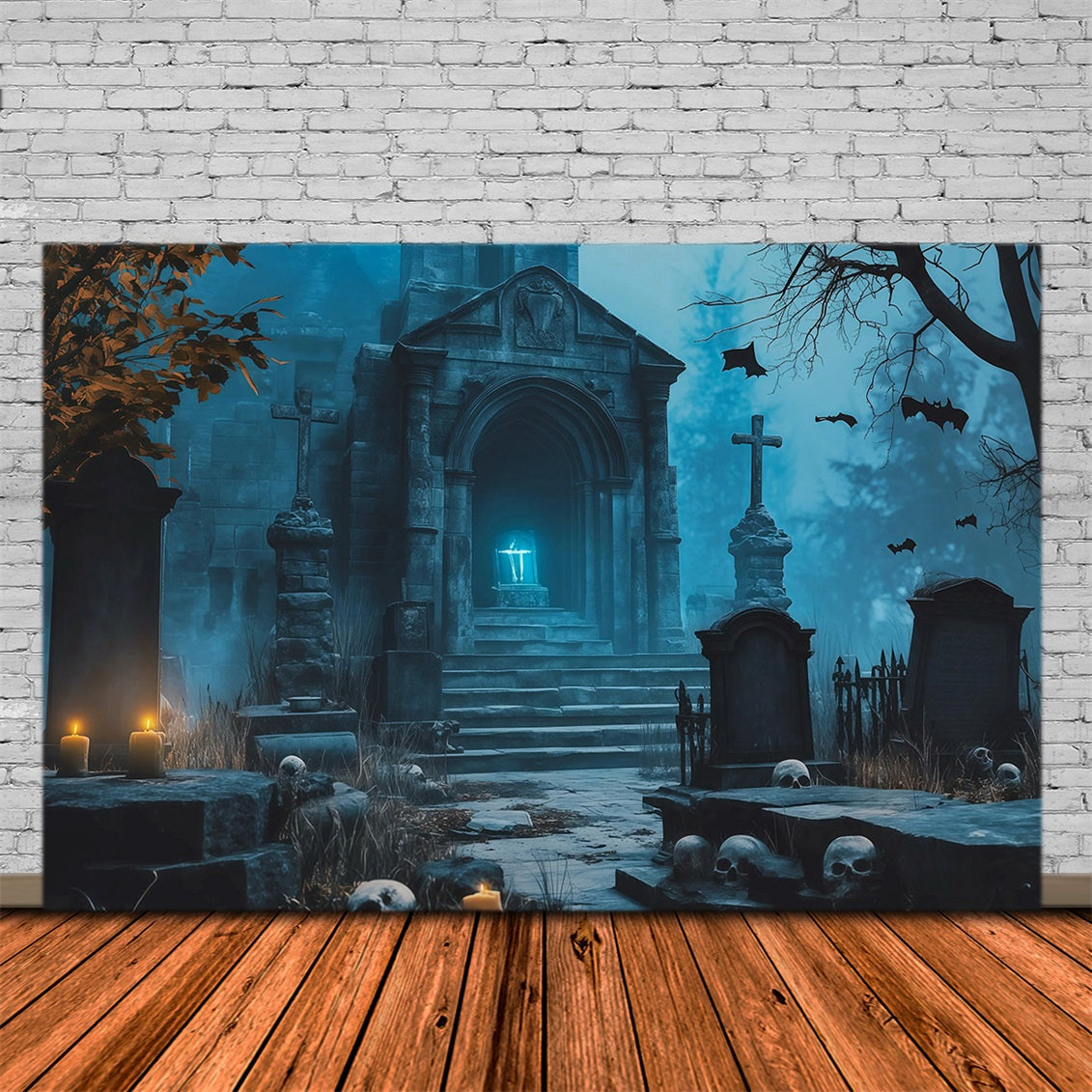 Halloween Cloth Backdrop Blue Crypt Candle Tombs Graveyard Halloween Backdrops UK RR67-93