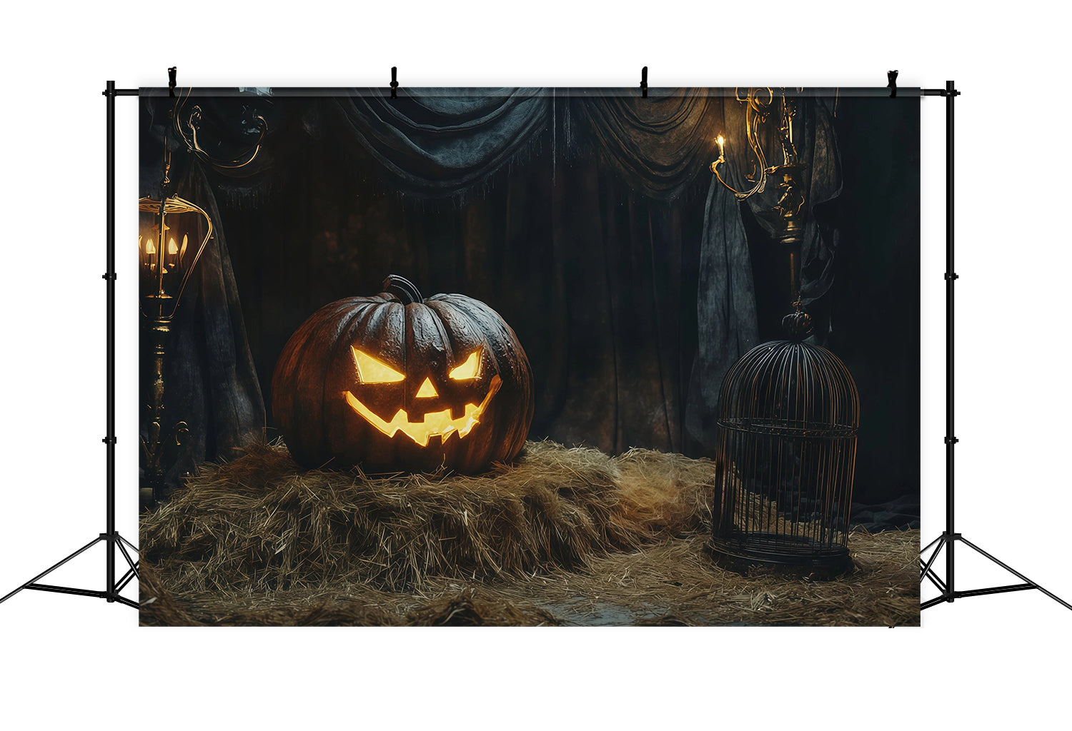 Halloween Scene Backdrop Glowing Pumpkin Hay Display Backdrop For Halloween UK RR67-96