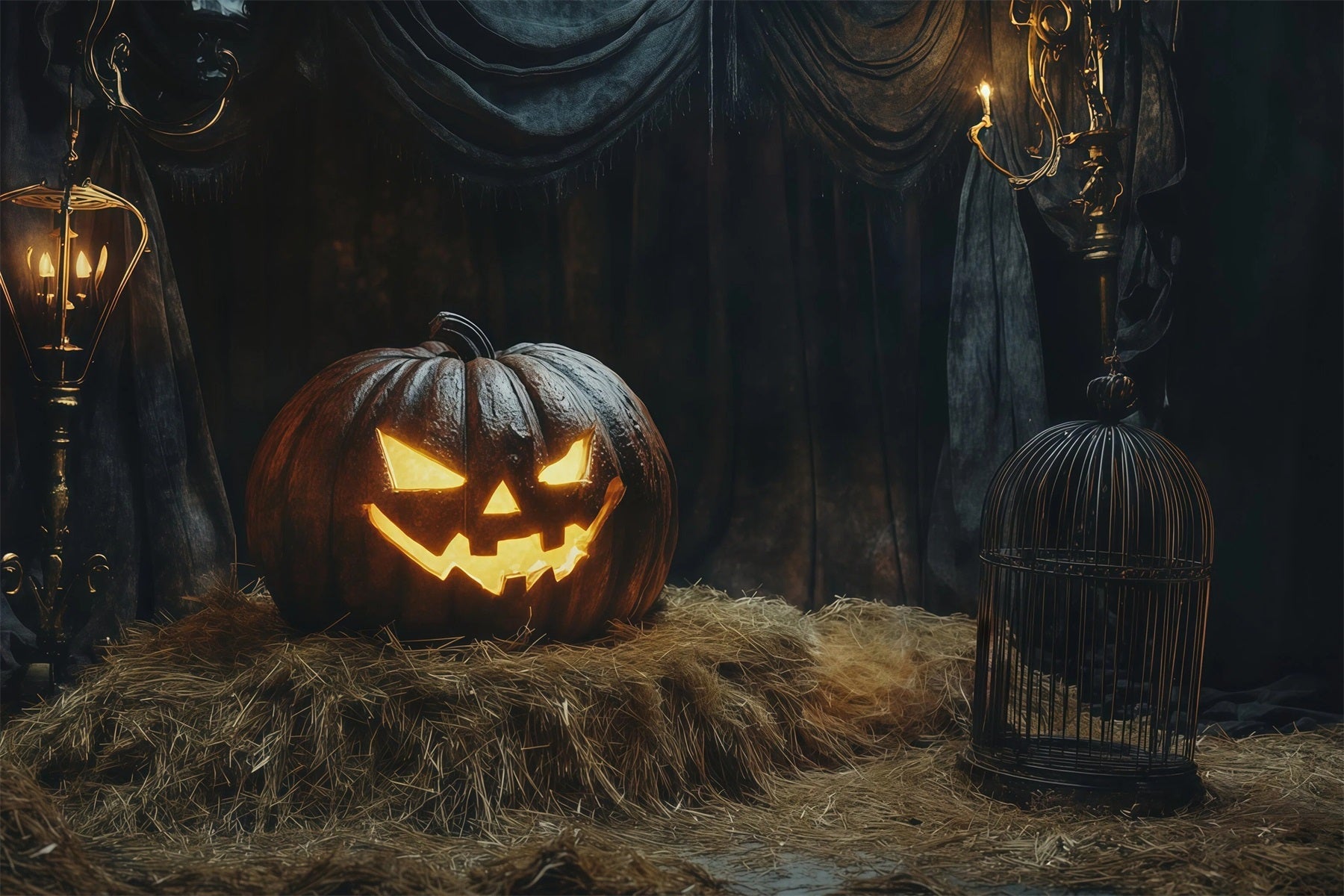 Halloween Scene Backdrop Glowing Pumpkin Hay Display Backdrop For Halloween UK RR67-96