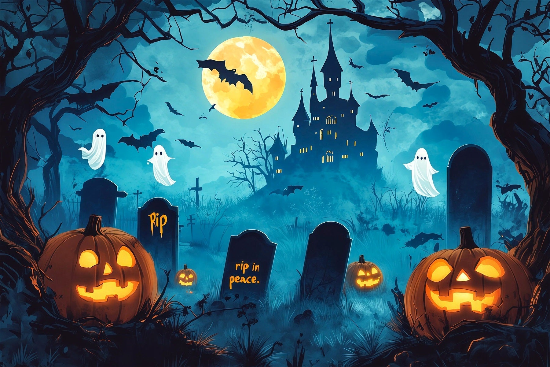 Scary Halloween Photo Backdrops Cartoon Castle Ghost Graveyard Happy Halloween Backdrop UK RR67-97