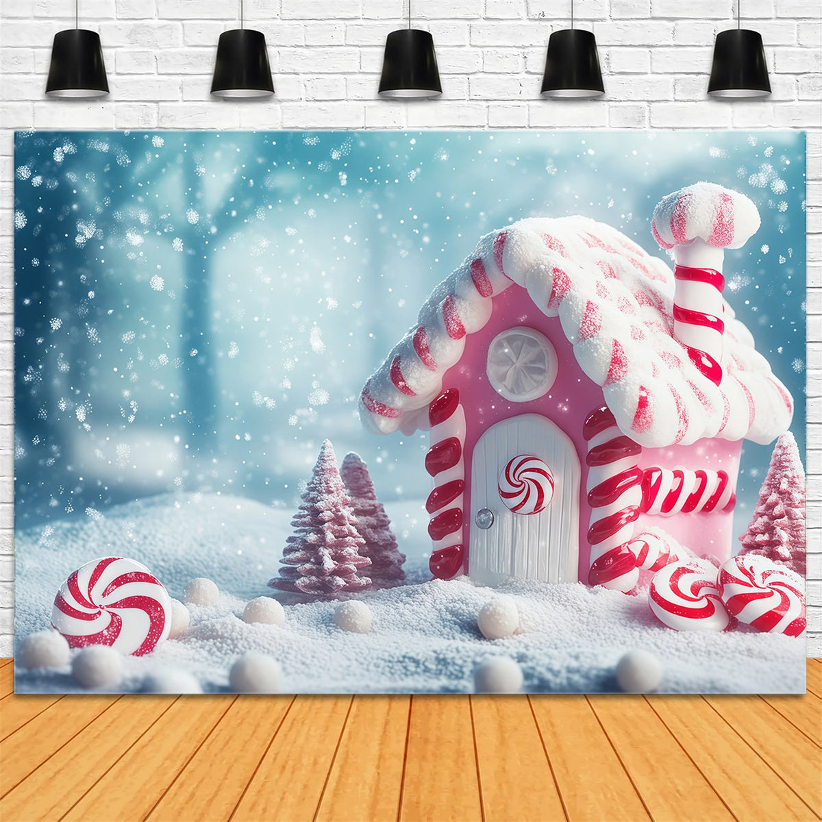 Christmas Candy Backdrop Pink Peppermint Candyland Cottage Christmas Photo Backdrop UK RR68-100