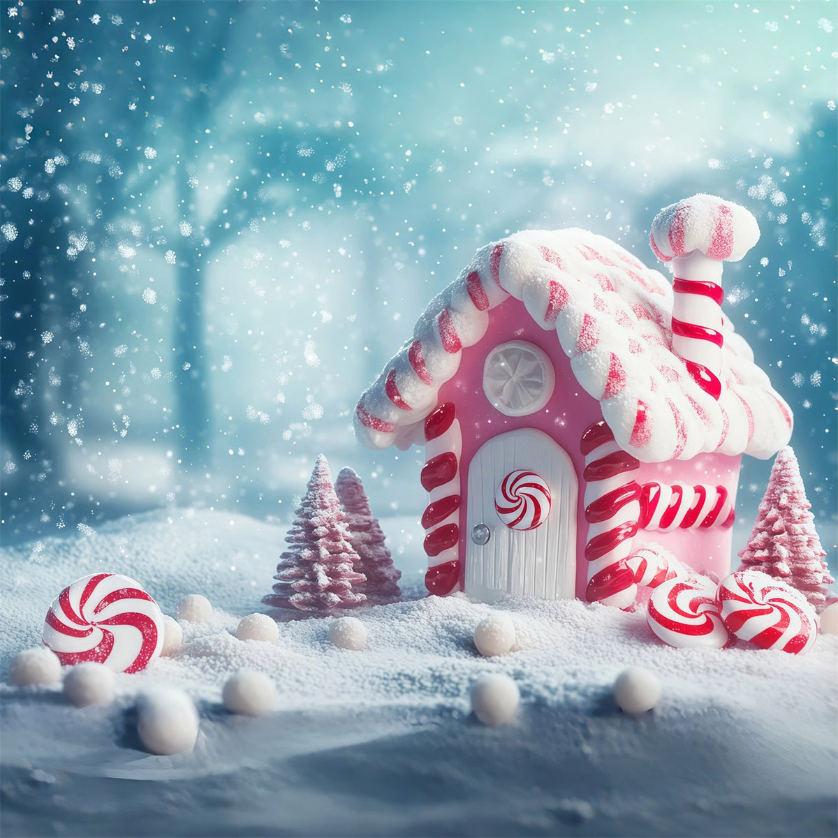 Christmas Candy Backdrop Pink Peppermint Candyland Cottage Christmas Photo Backdrop UK RR68-100