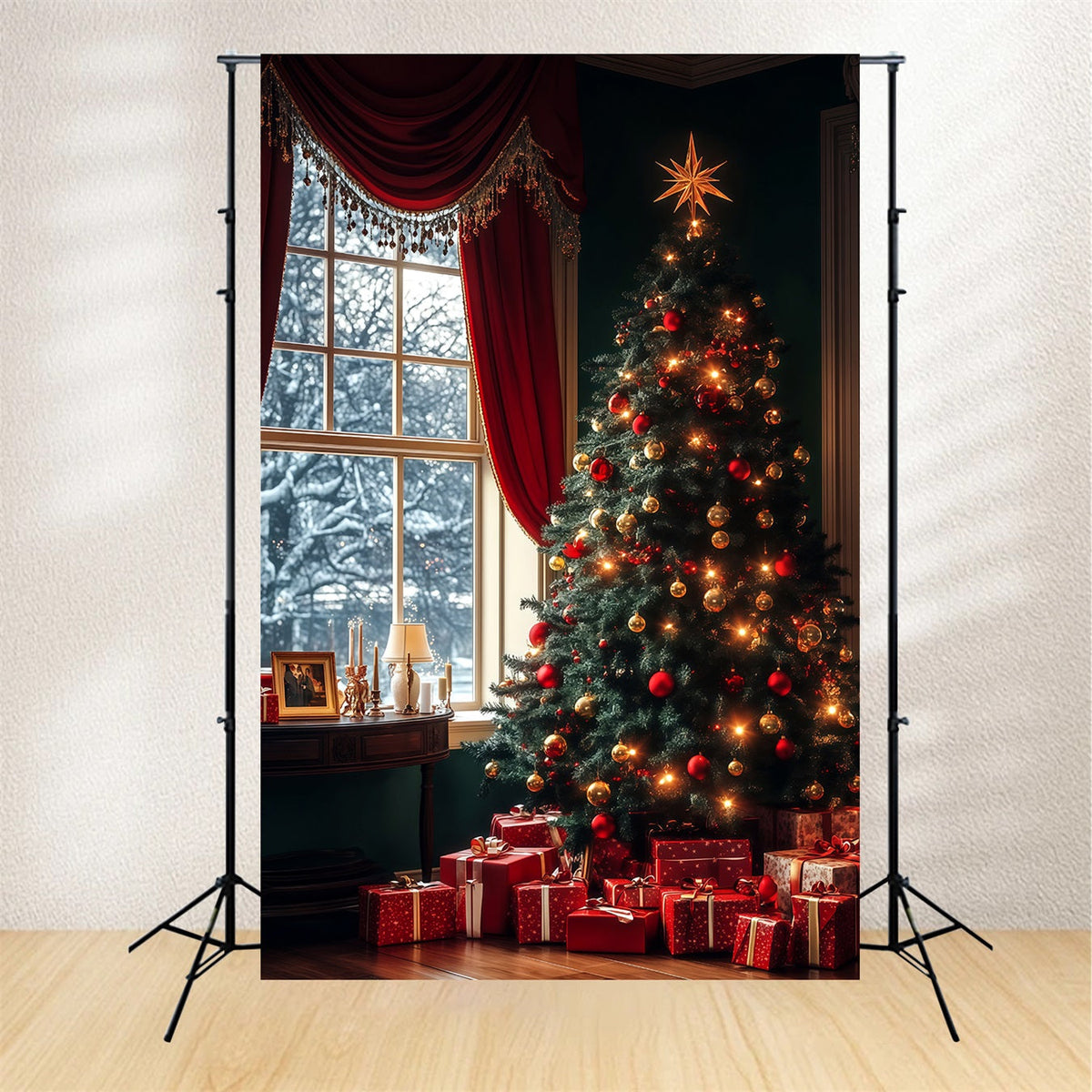 Christmas Tree Photo Backdrop Evergreen Tree Window Glow Christmas Backdrop UK RR68-61