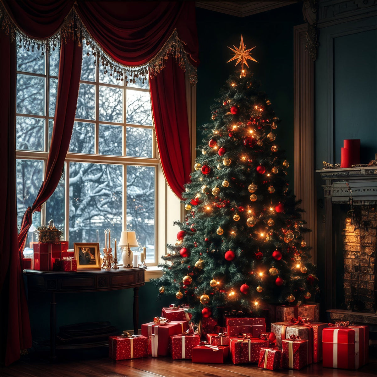 Christmas Tree Photo Backdrop Evergreen Tree Window Glow Christmas Backdrop UK RR68-61