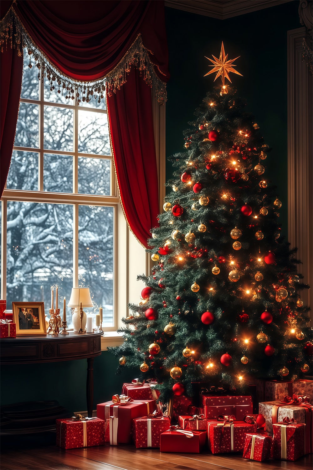 Christmas Tree Photo Backdrop Evergreen Tree Window Glow Christmas Backdrop UK RR68-61
