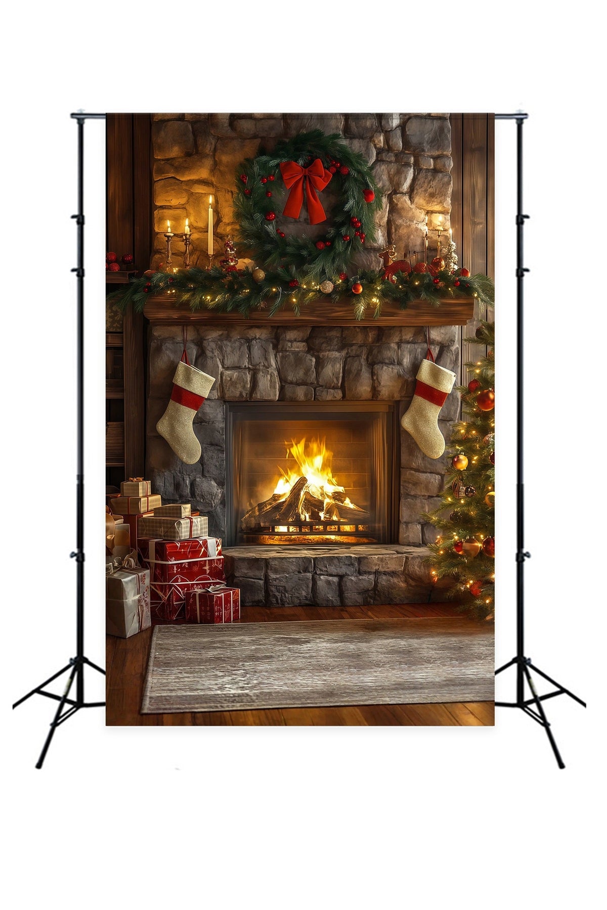Christmas Fireplace Backdrop Stone Fireplace Garland Decor Christmas Backdrops UK RR68-62