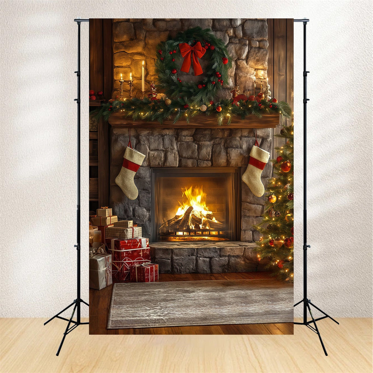 Christmas Fireplace Backdrop Stone Fireplace Garland Decor Christmas Backdrops UK RR68-62