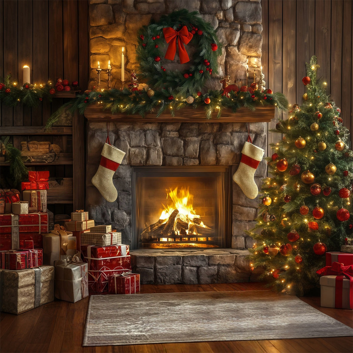 Christmas Fireplace Backdrop Stone Fireplace Garland Decor Christmas Backdrops UK RR68-62