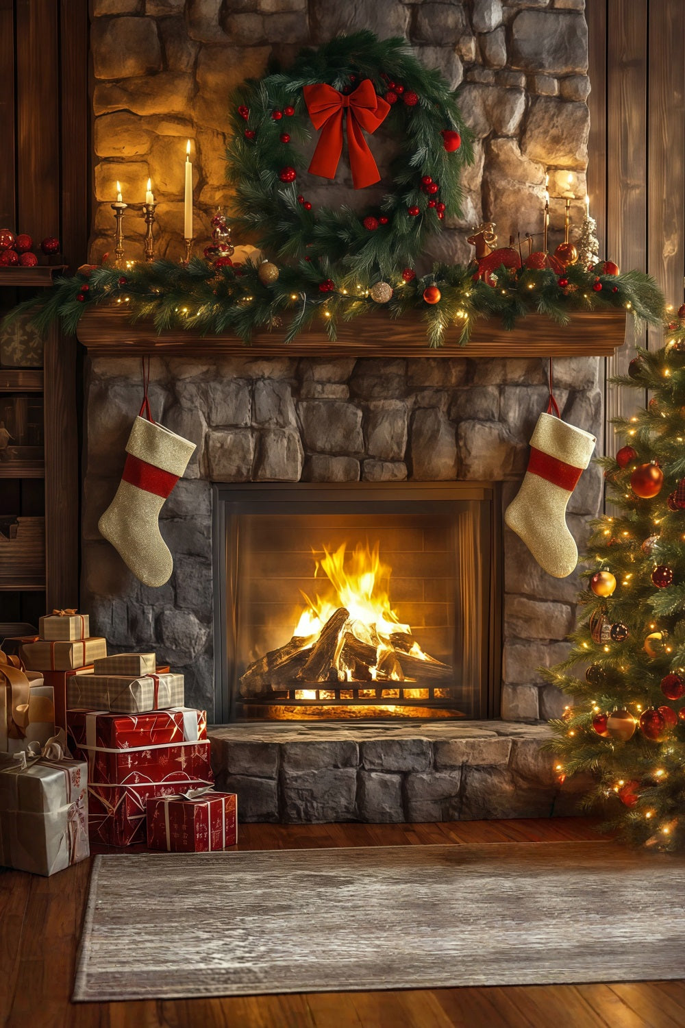 Christmas Fireplace Backdrop Stone Fireplace Garland Decor Christmas Backdrops UK RR68-62