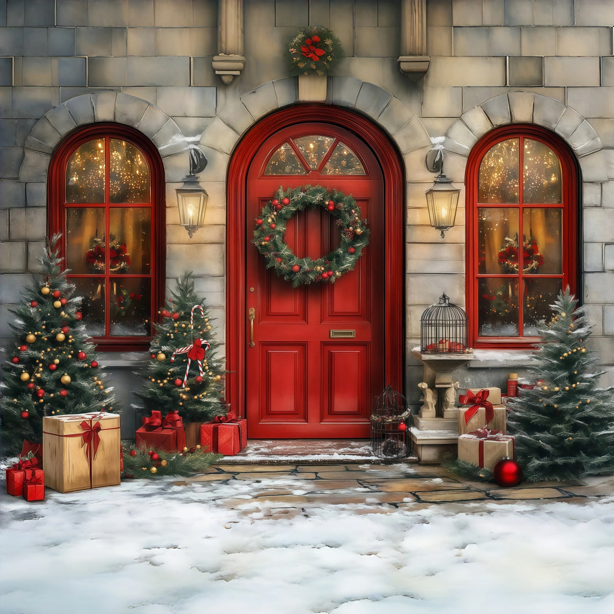 Christmas Door Backdrop Red Door Wreath Entrance Christmas Photo Backdrops UK RR68-64
