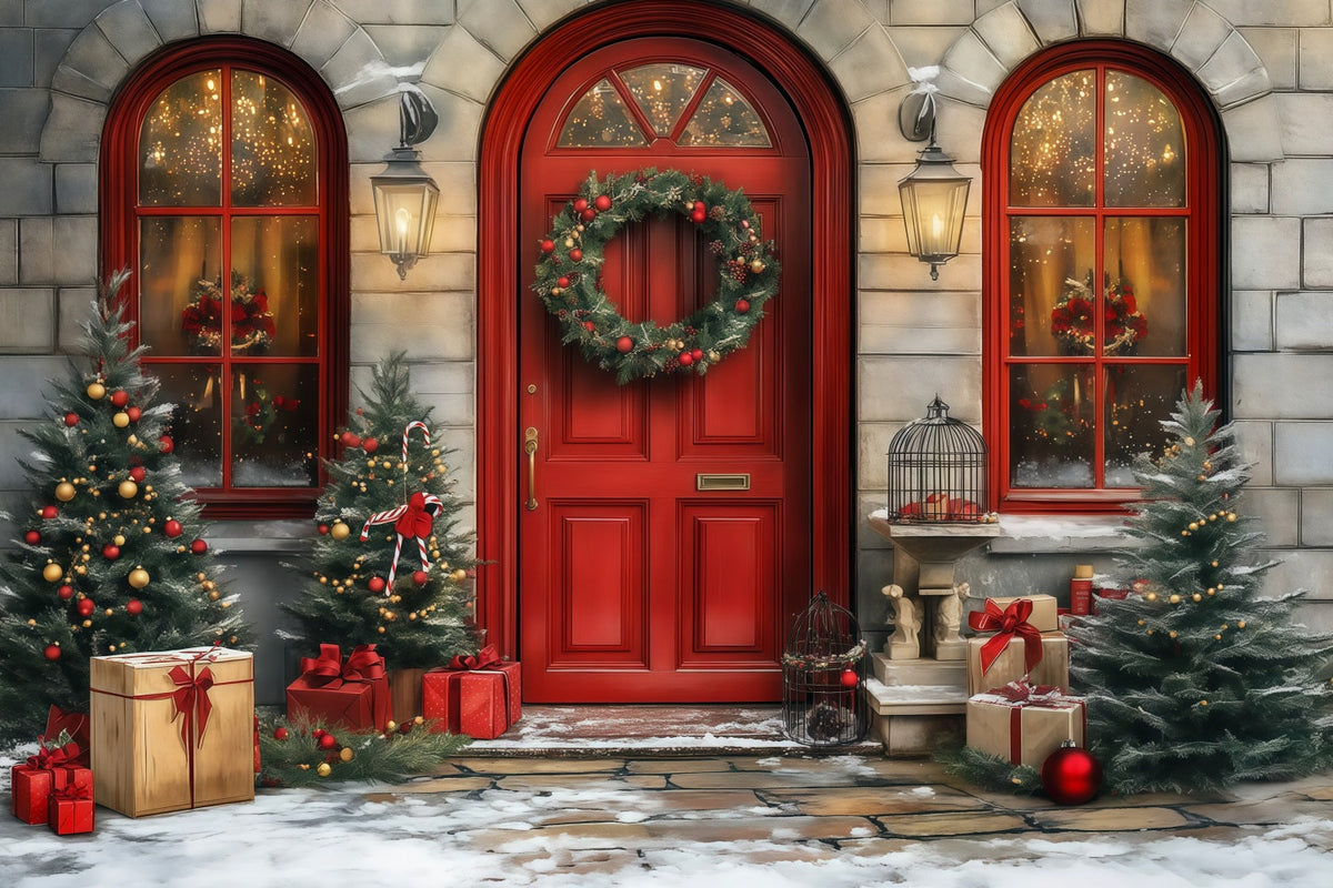 Christmas Door Backdrop Red Door Wreath Entrance Christmas Photo Backdrops UK RR68-64