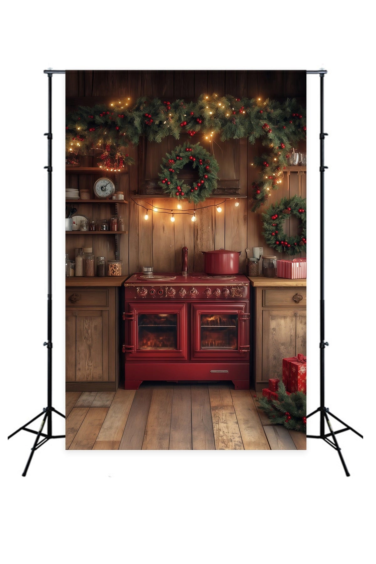 Christmas Kitchen Backdrop Evergreen Garland Decor Christmas Photography Backdrops UK RR68-68