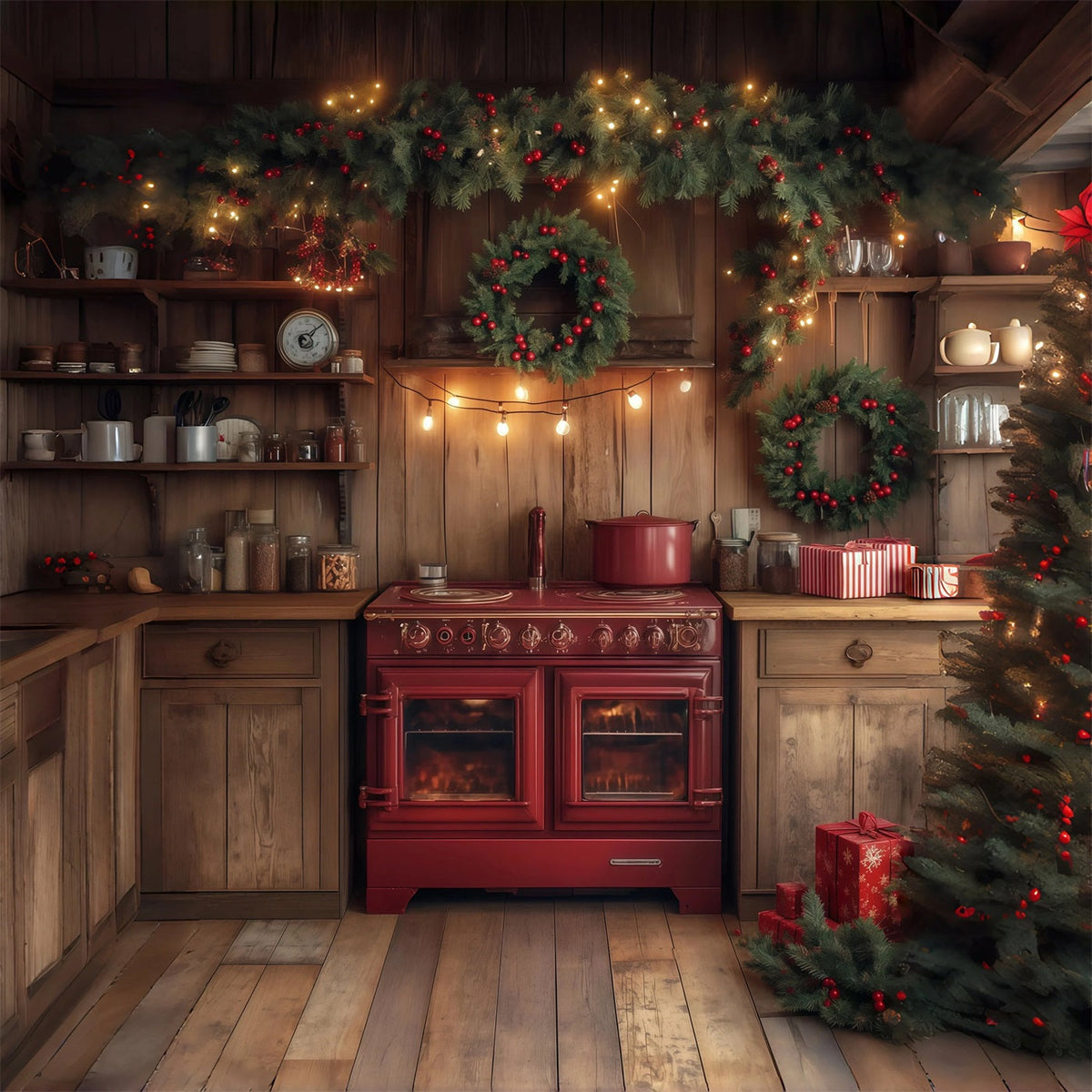 Christmas Kitchen Backdrop Evergreen Garland Decor Christmas Photography Backdrops UK RR68-68
