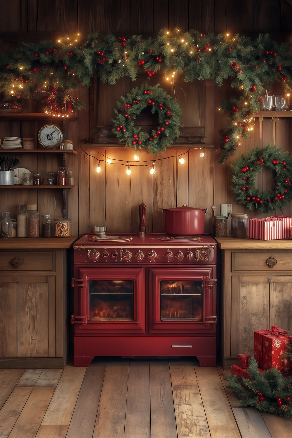 Christmas Kitchen Backdrop Evergreen Garland Decor Christmas Photography Backdrops UK RR68-68