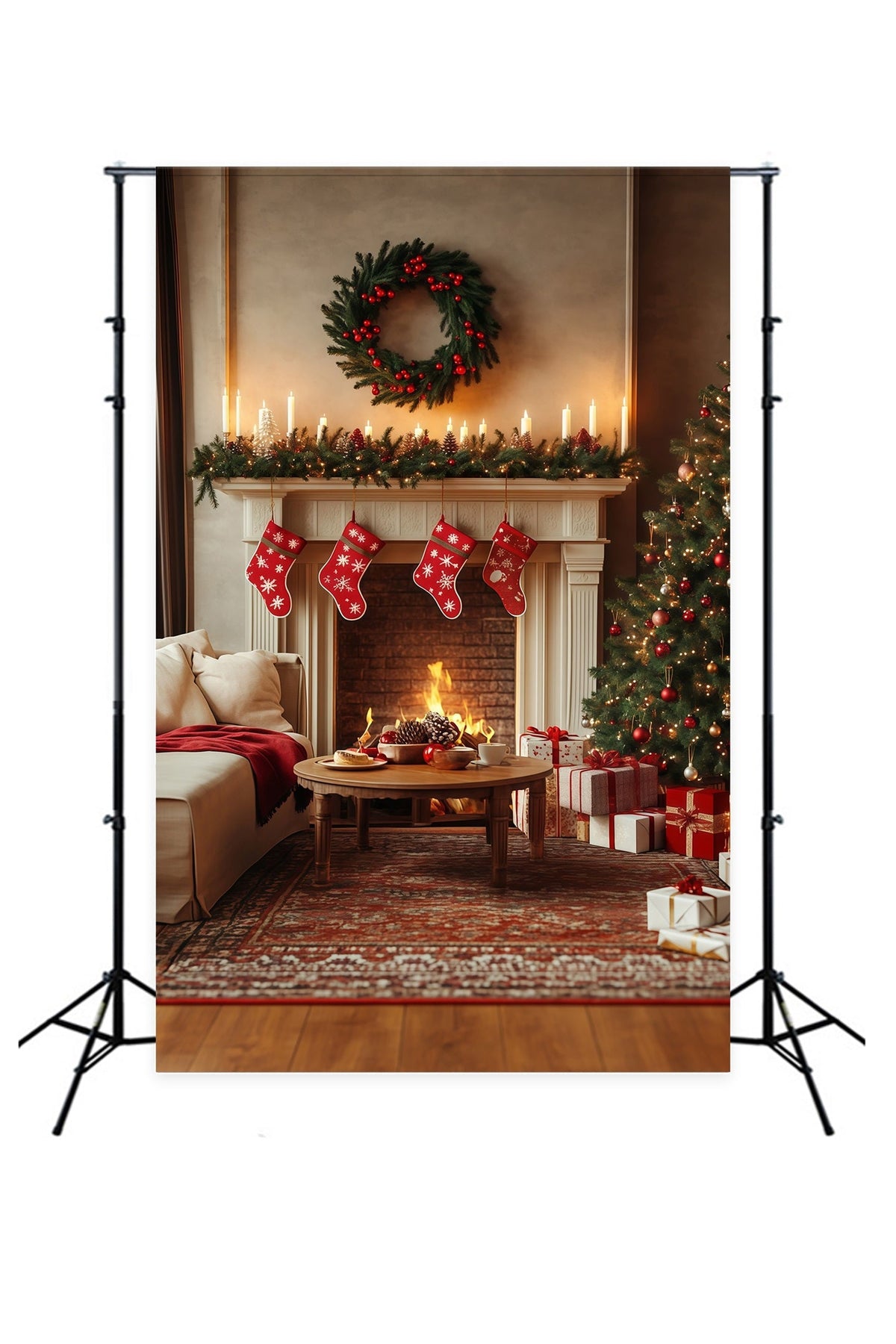 Christmas Living Room Backdrop Cozy Fireplace Stockings Large Christmas Backdrops UK RR68-70