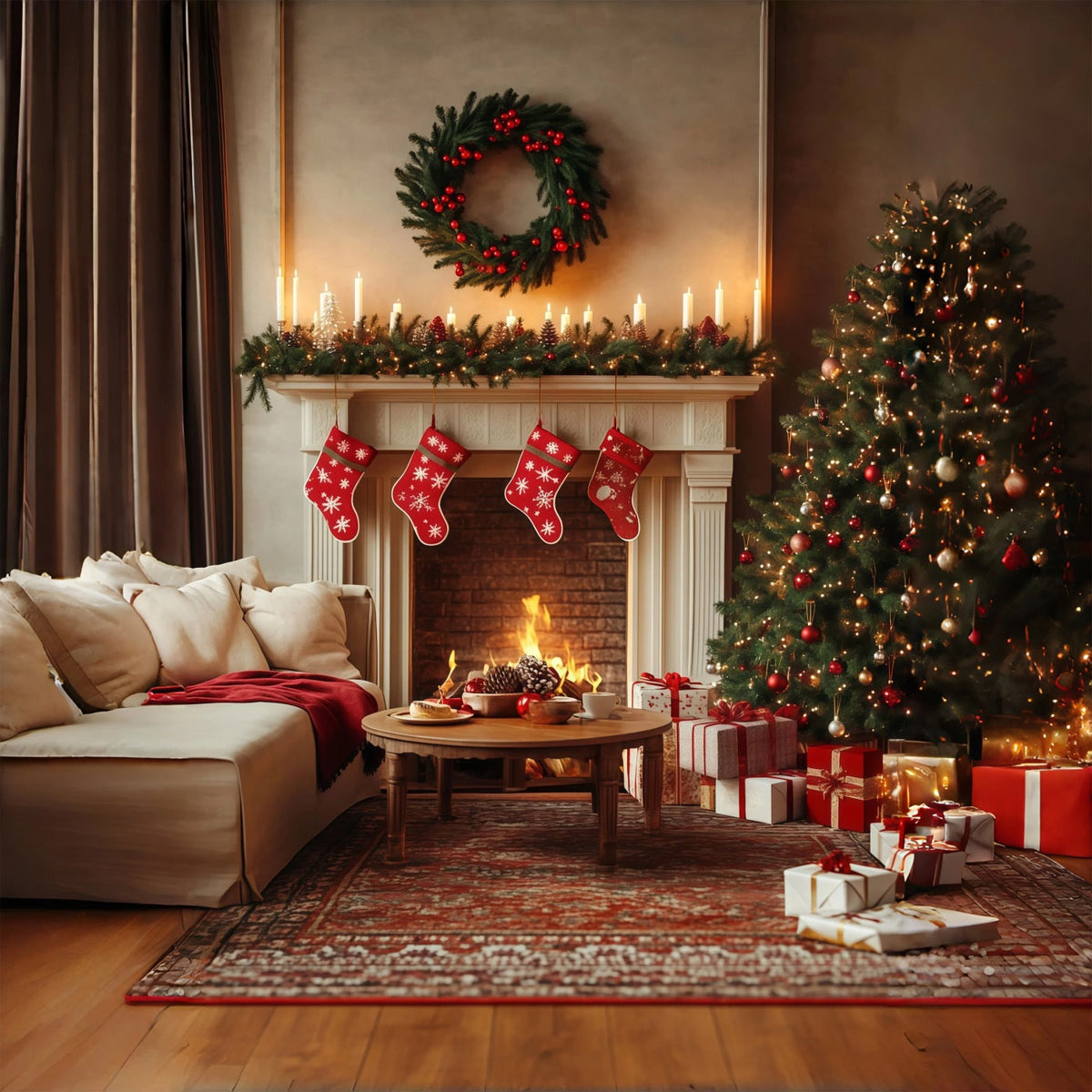 Christmas Living Room Backdrop Cozy Fireplace Stockings Large Christmas Backdrops UK RR68-70