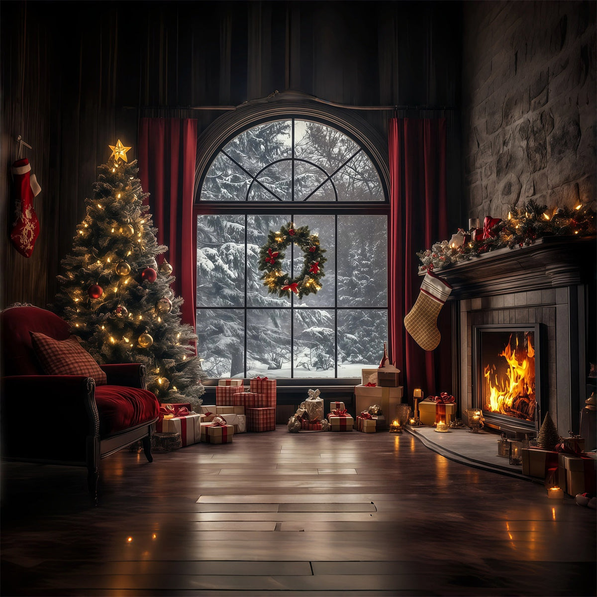 Christmas Window Backdrop Elegant Winter Livingroom Photography Christmas Backdrop UK RR68-75