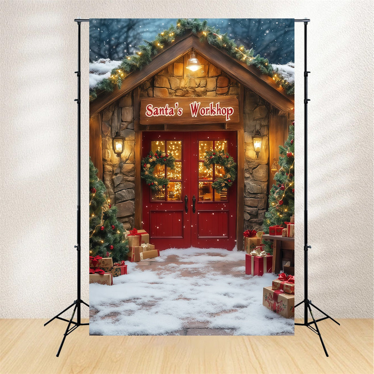 Christmas Shop Backdrop Santa Workshop Entrance Photography Backdrops Christmas UK RR68-76
