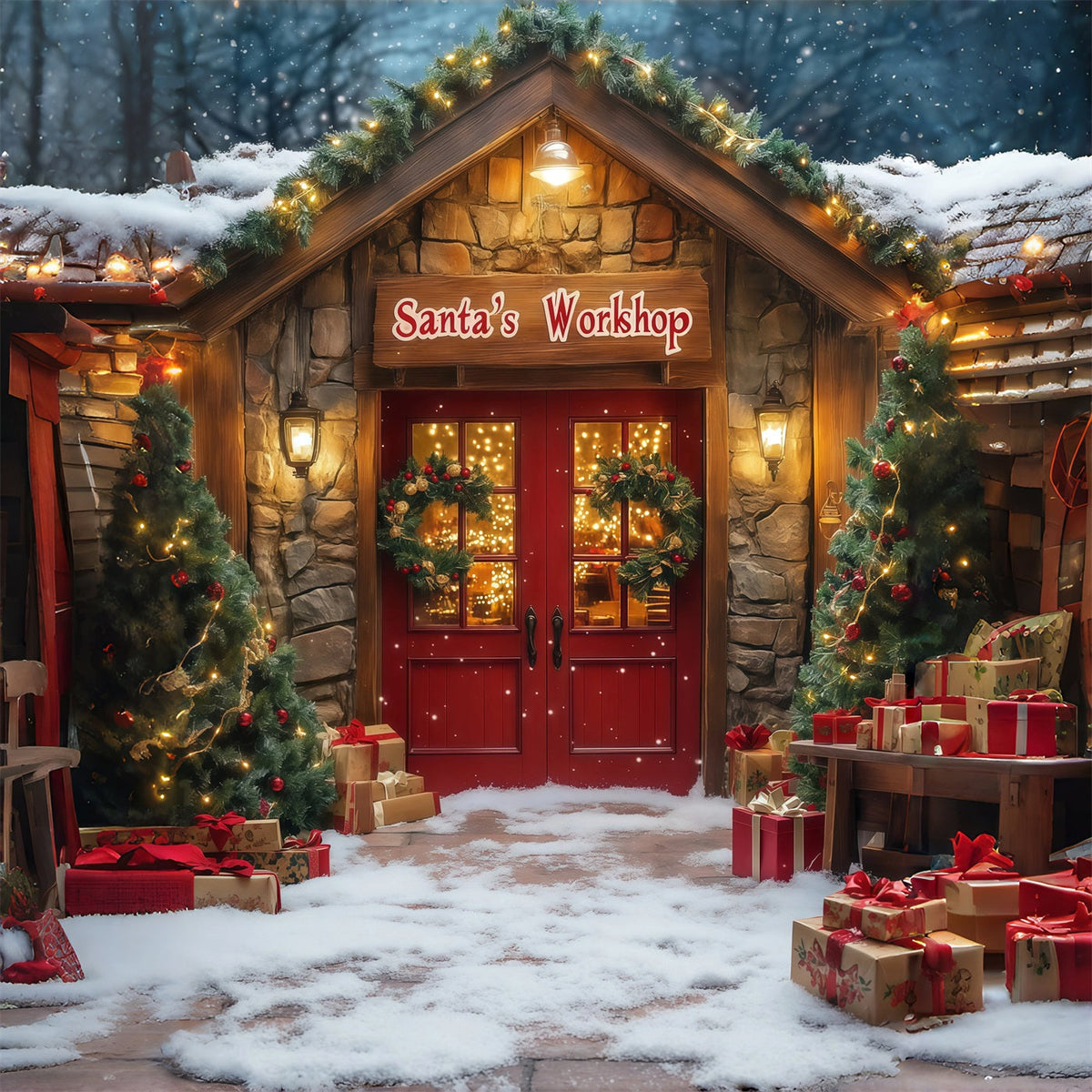 Christmas Shop Backdrop Santa Workshop Entrance Photography Backdrops Christmas UK RR68-76