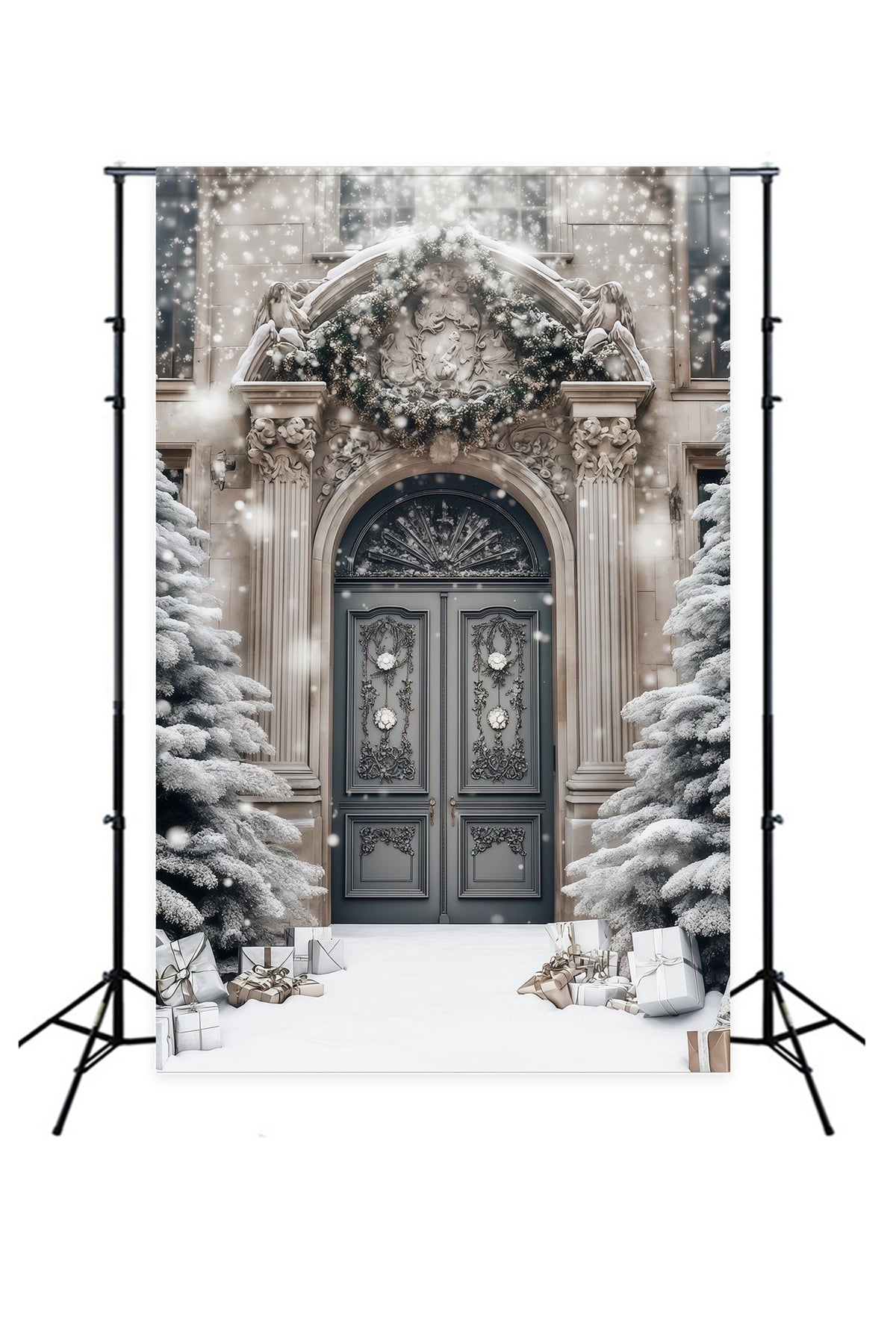 Elegant Christmas Backdrop Snowy Mansion Doorway Photo Backdrops Christmas UK RR68-77