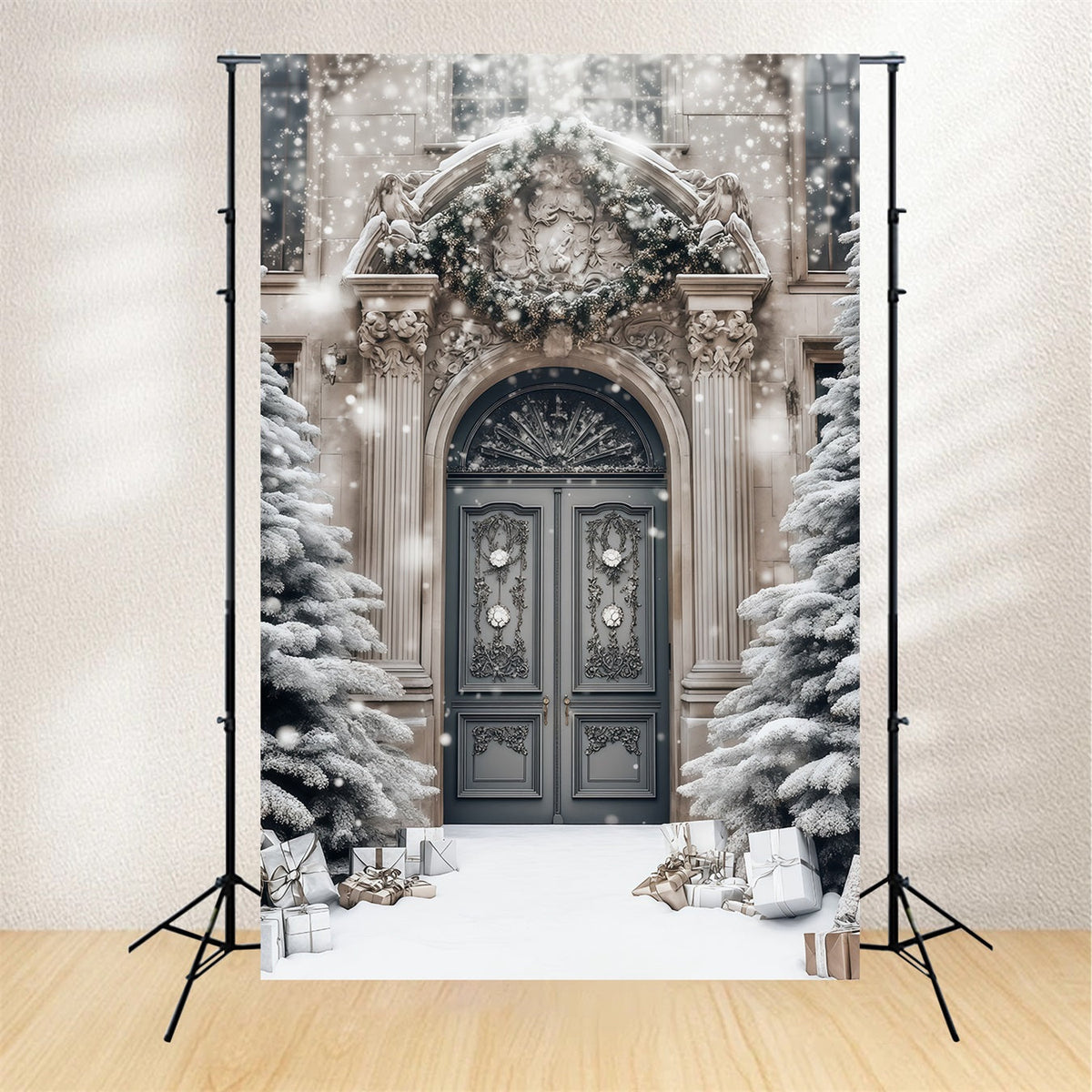 Elegant Christmas Backdrop Snowy Mansion Doorway Photo Backdrops Christmas UK RR68-77