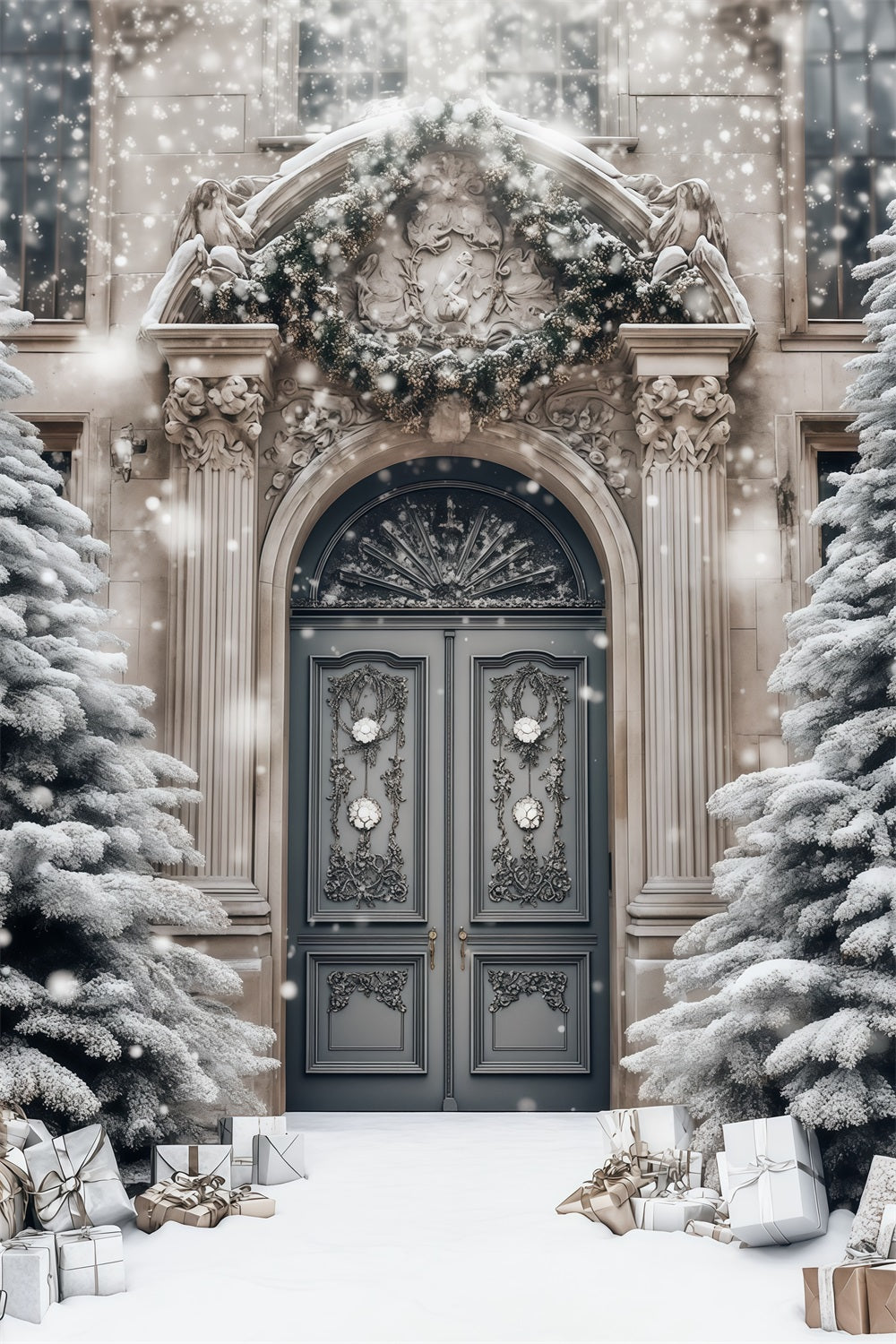 Elegant Christmas Backdrop Snowy Mansion Doorway Photo Backdrops Christmas UK RR68-77