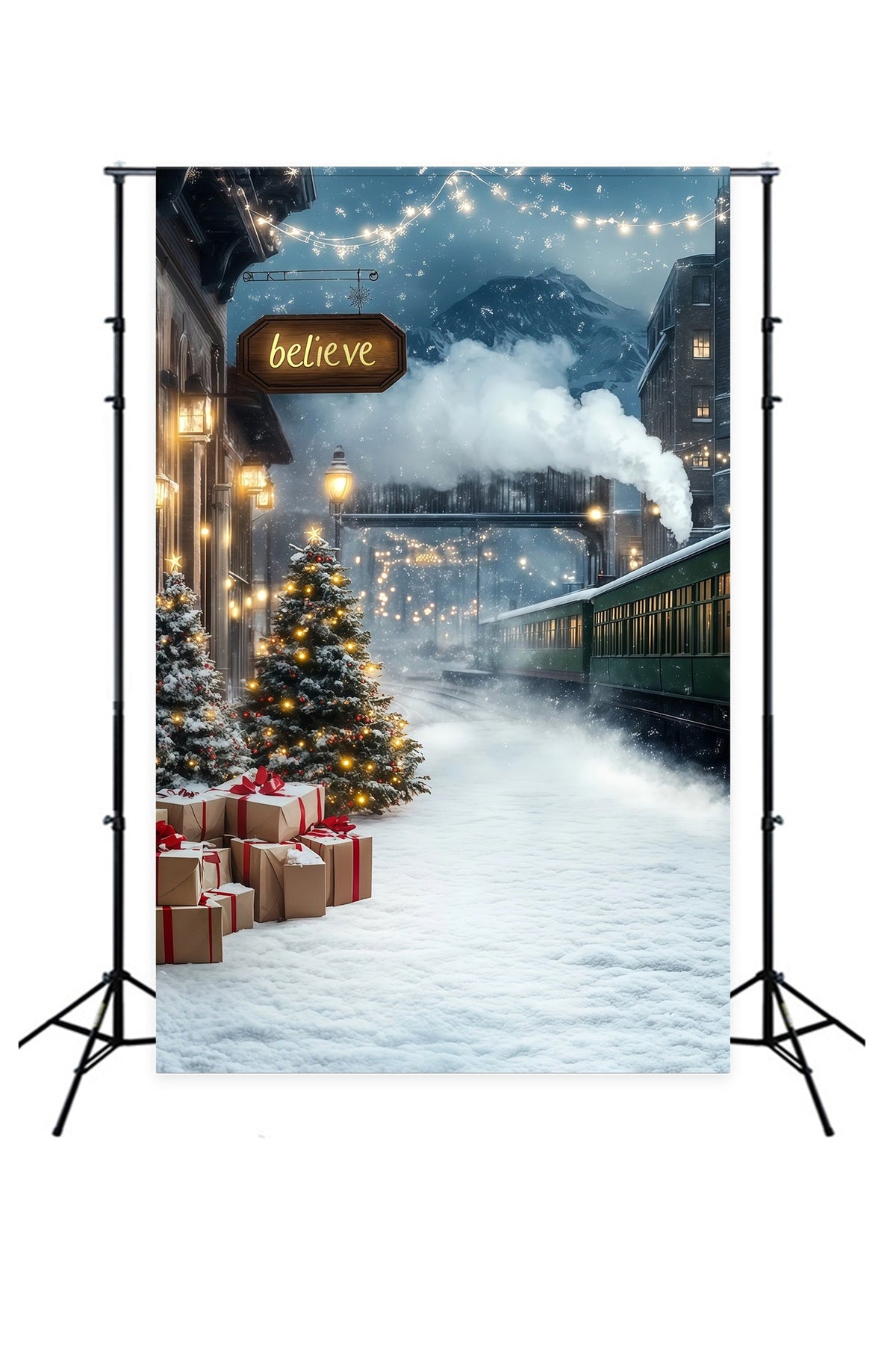 Winter Christmas Backdrop Mountain Train Station Christmas Backdrop Ideas UK RR68-78
