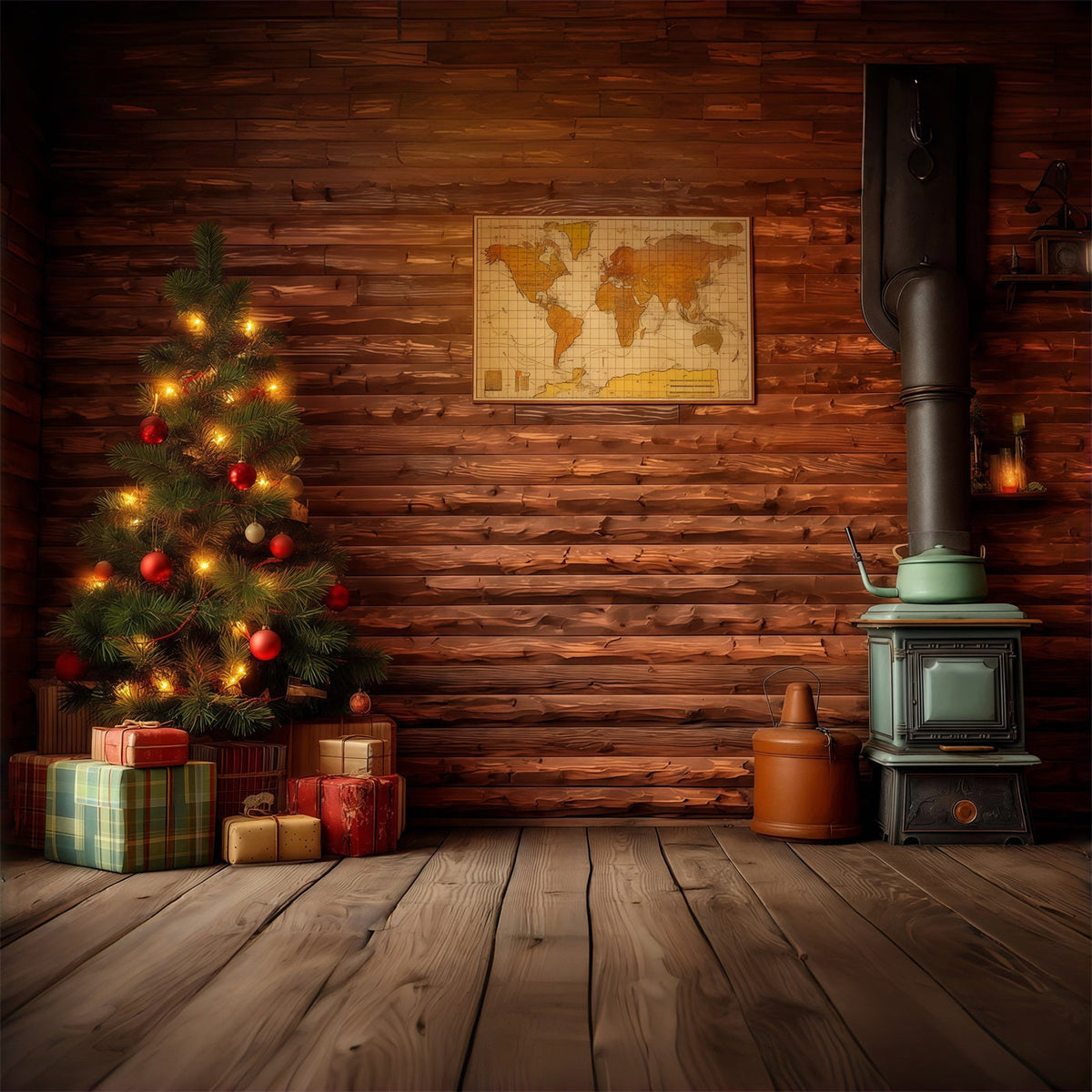 Country Christmas Backdrop Rustic Cabin Interior Photography Backdrop Christmas UK RR68-80