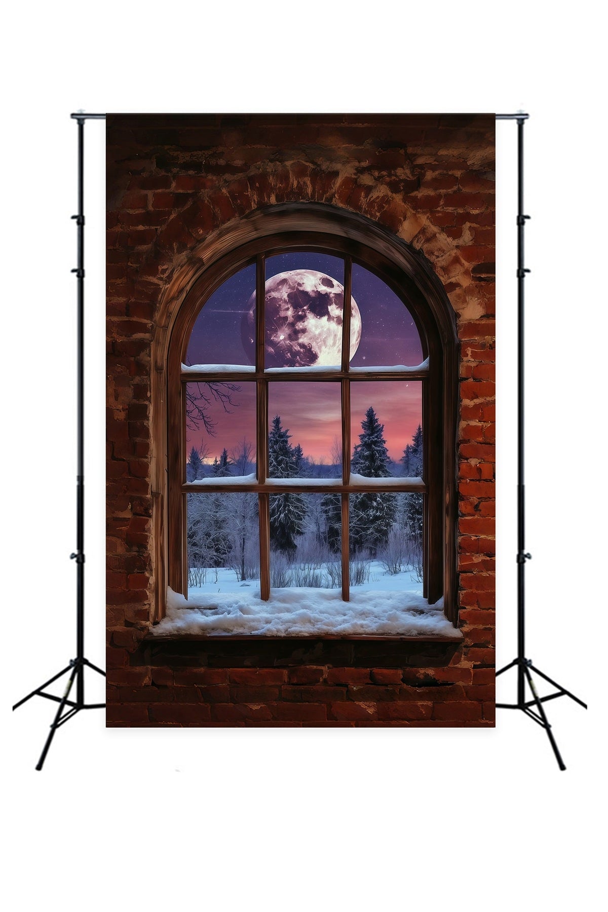 Christmas Village Mountain Backdrop Moonlit Brick Window Indoor Christmas Backdrop UK RR68-81