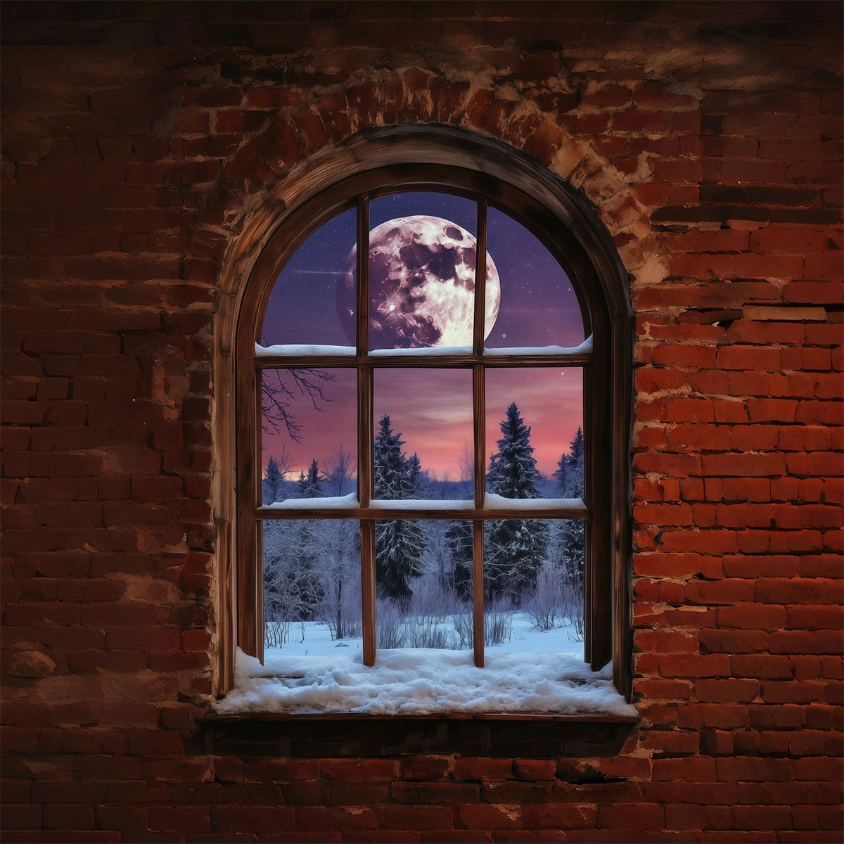 Christmas Village Mountain Backdrop Moonlit Brick Window Indoor Christmas Backdrop UK RR68-81