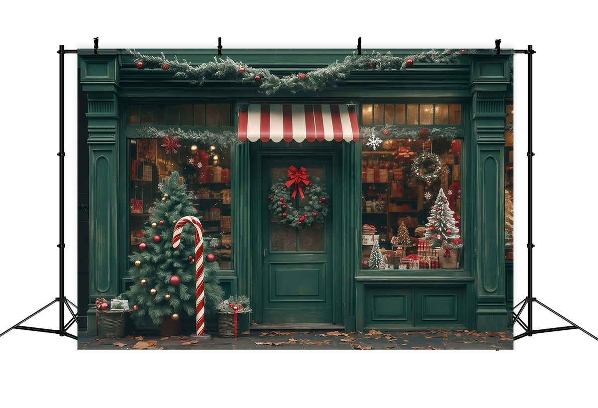Christmas Shop Backdrop Green Storefront Decor Photo Christmas Backdrop UK RR68-83