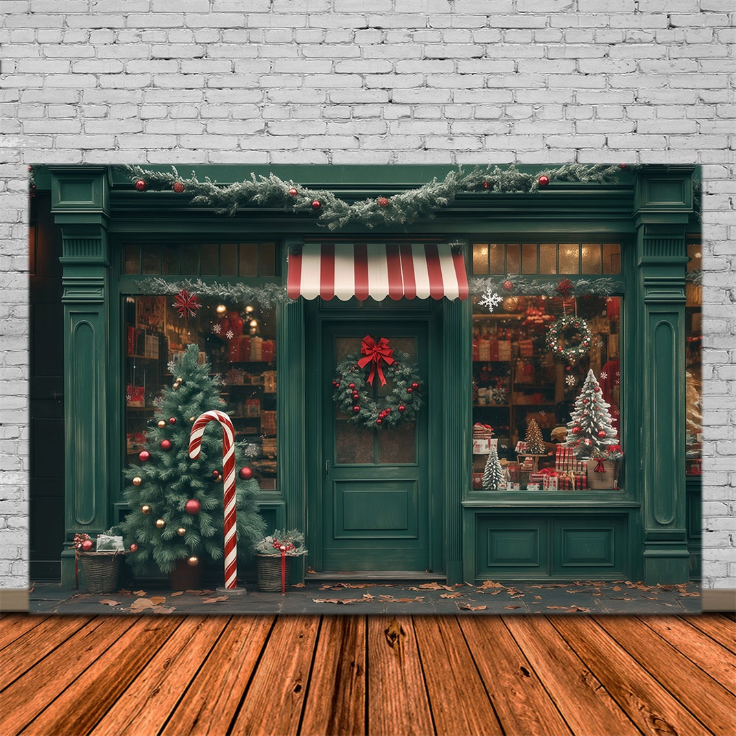 Christmas Shop Backdrop Green Storefront Decor Photo Christmas Backdrop UK RR68-83
