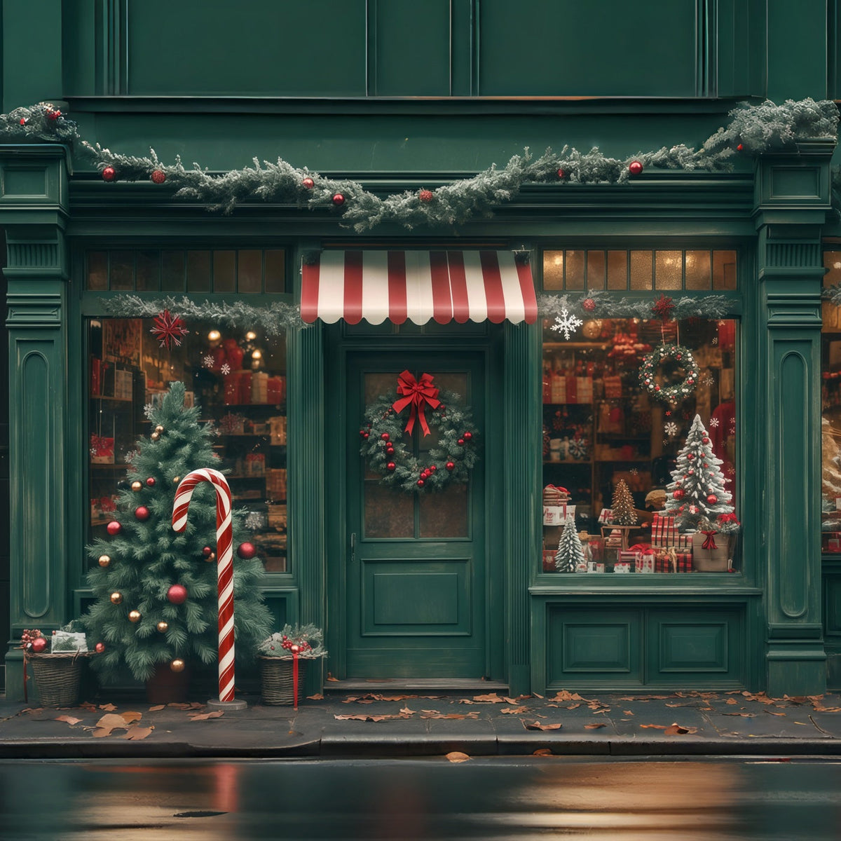Christmas Shop Backdrop Green Storefront Decor Photo Christmas Backdrop UK RR68-83