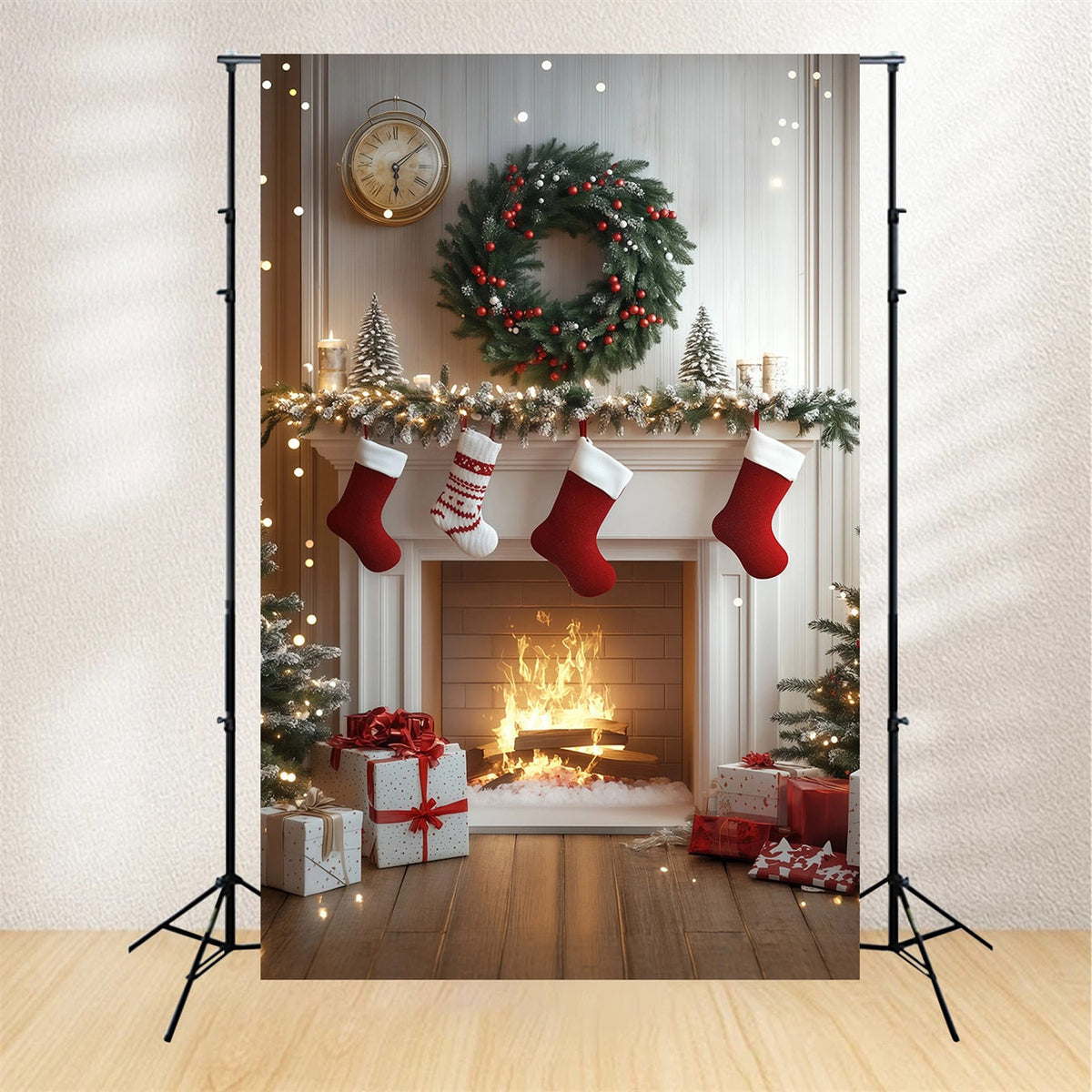 White Christmas Backdrop Cozy Fireplace Stockings Photo Christmas Backdrops UK RR68-84